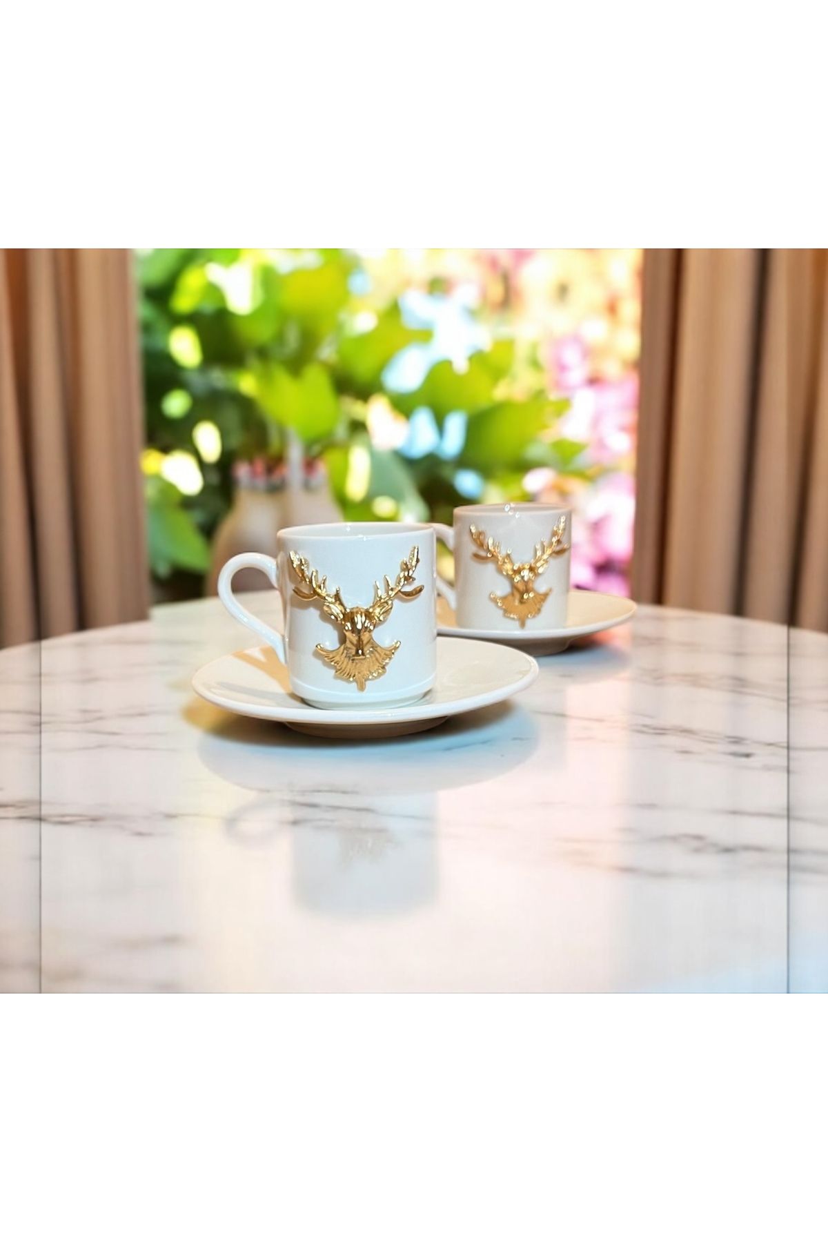 Giftorium Group Geyik Motifli 4 Parça 2 Kişilik Porselen 2'li Fincan Takımı