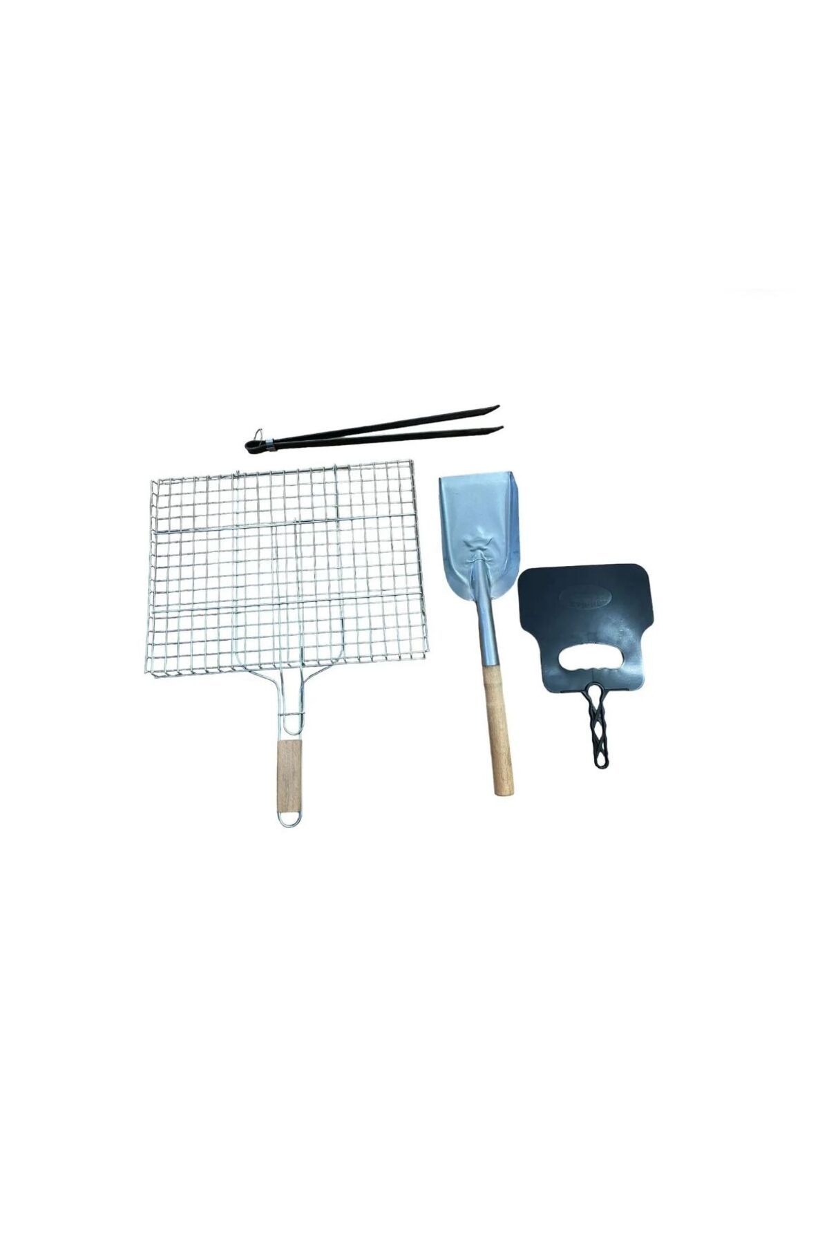 YILMAZNARGİLE Mangal Aksesuar Seti 4 Parça,Izgara 26*37 Cm - Kürek- Köz Maşası,Kömür Maşası- Yelpaze