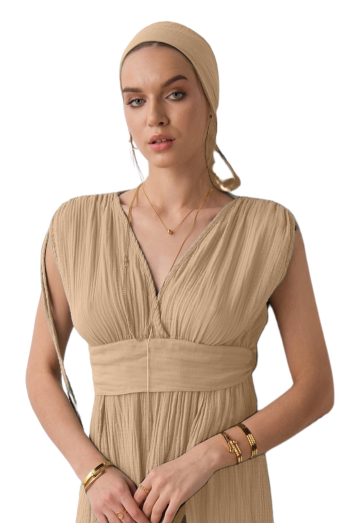 Muslin Dress, Summer Dress, Strappy Bohemian Dress, Belt Detailed Side Slit Dress Beige