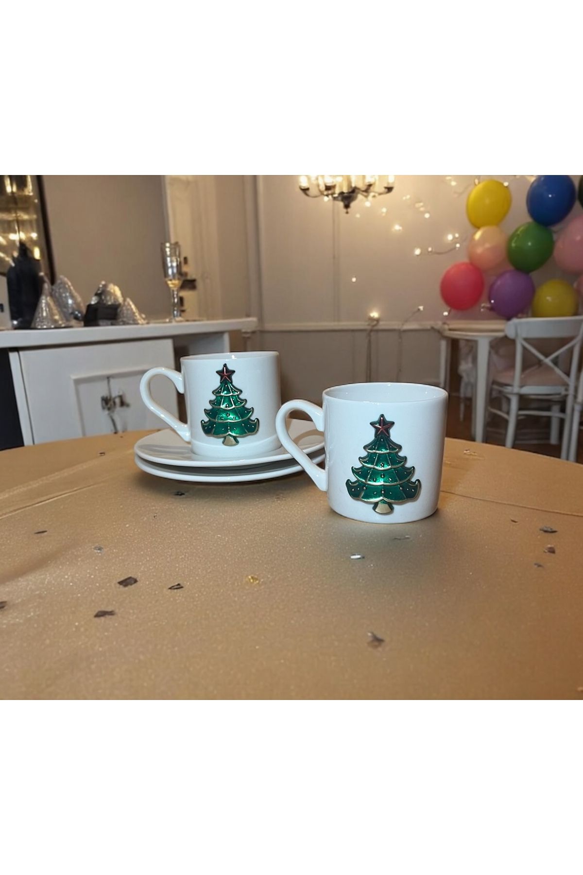Giftorium Group Çam Ağacı Motifli 4 Parça 2 Kişilik Porselen 2'li Fincan Takımı