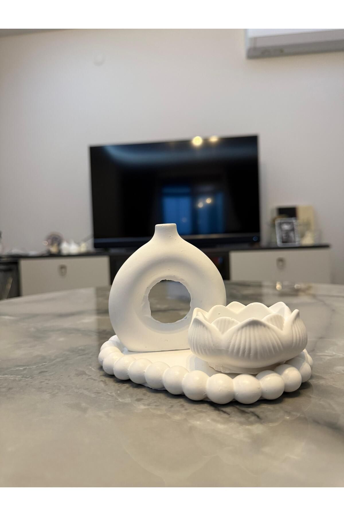 Aysili Dekorasyon Taş Tozu Vazo Lotus Mumluk Dekoratif Set