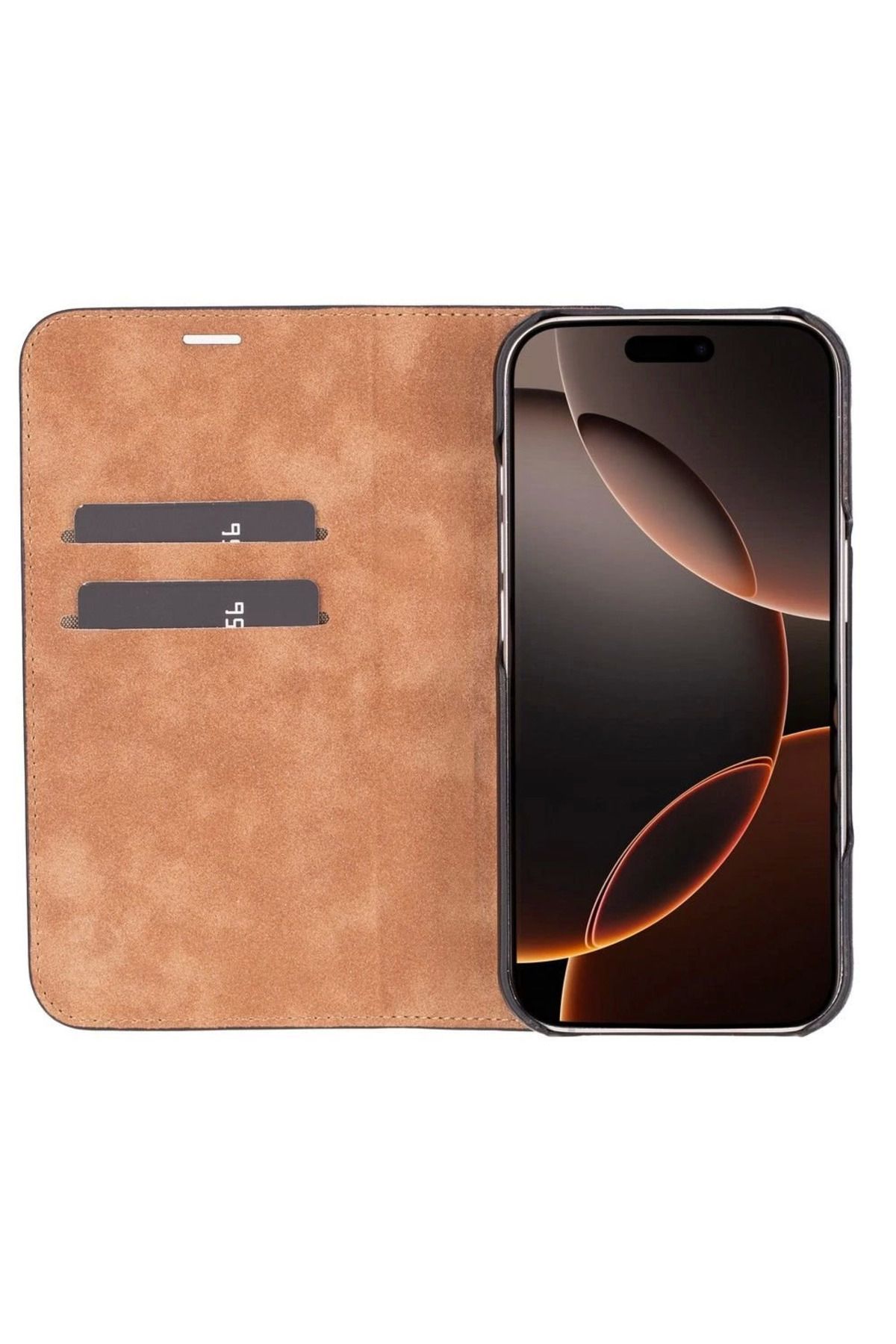 Angoravi Apple iPhone 16 Pro uyumlu, Hakiki Deri, El Yapımı, Cüzdanlı Kılıf, Parlak Siyah
