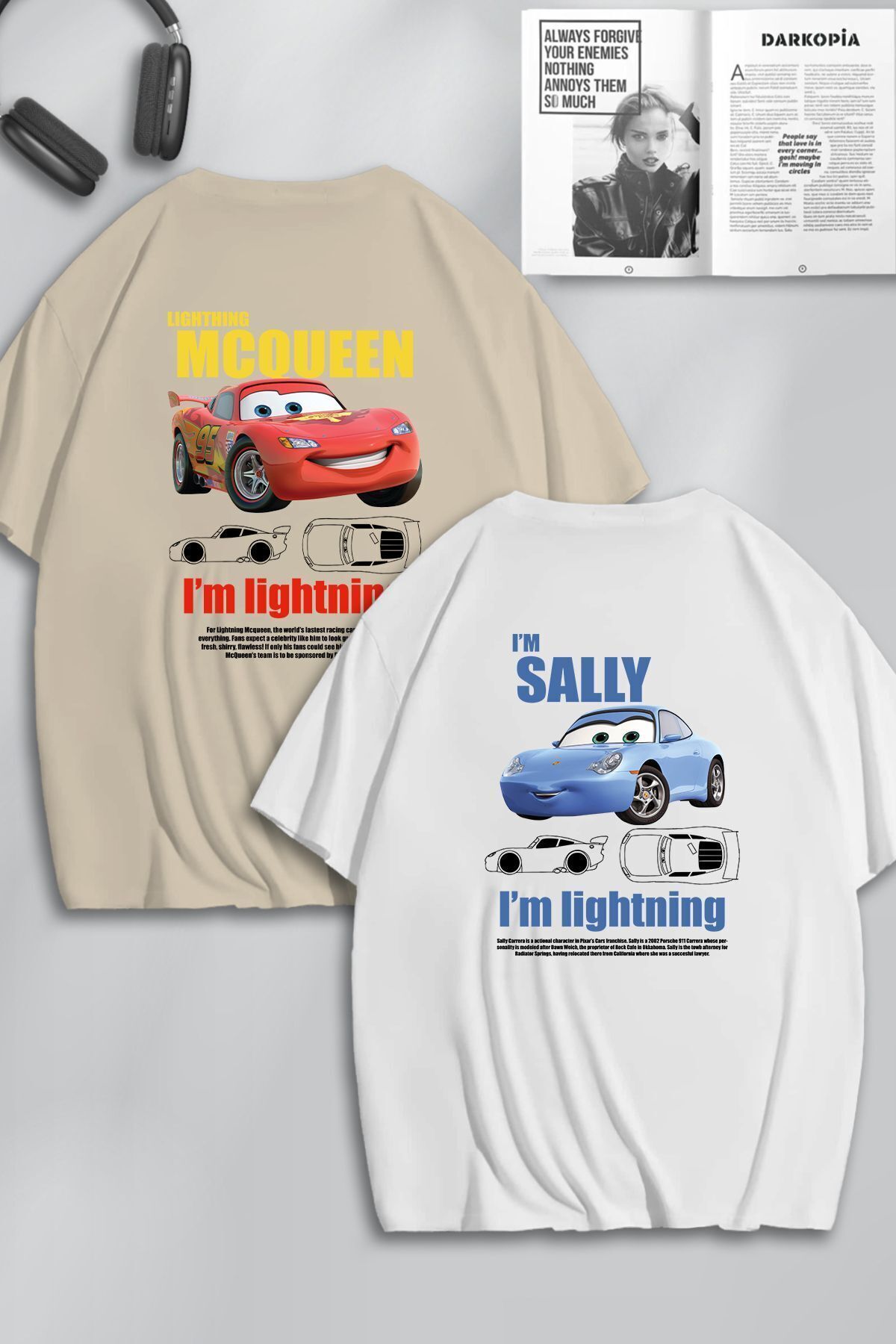 modaberry 2'Li McQueen Sally Sevgili T-Shirt - Bej Beyaz Baskılı Oversize Bisiklet Yaka Kısa Kol