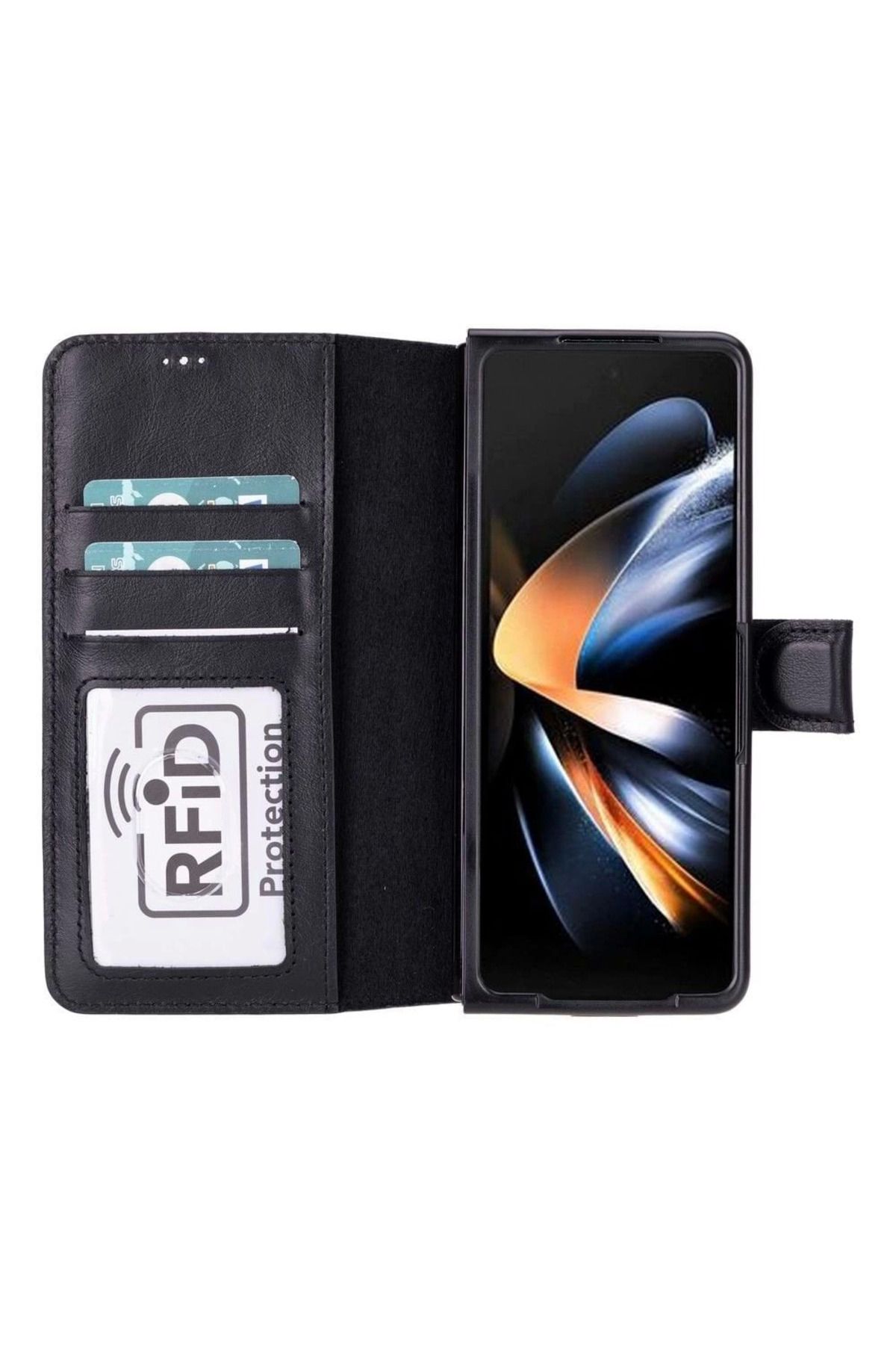 Angoravi Samsung Galaxy Z Fold5 Uyumlu Deri Cüzdanlı Kılıf Parlak Siyah