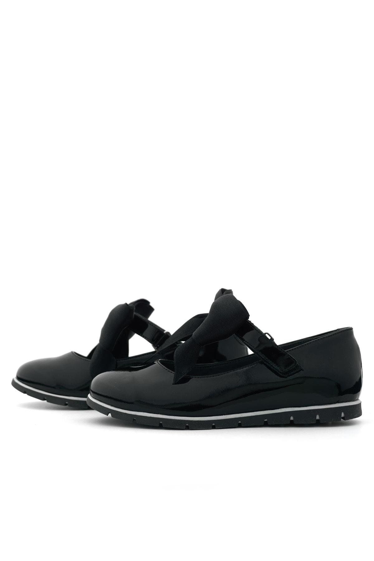 Rakerplus-Genuine Leather Black Patent Leather Girls' Ballerinas with Black Ribbon 5