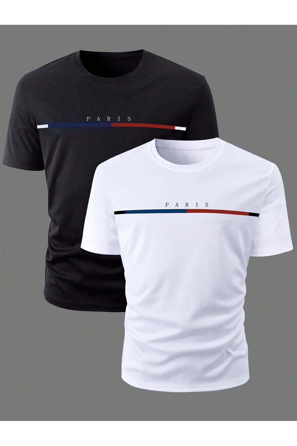 modaberry Cool Art 2'li Paris Renkli Çizgi Tişört - Siyah Beyaz Baskılı Oversize Yazlık T-Shirt Bisiklet Yaka