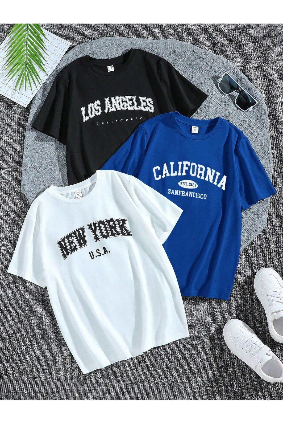 modaberry 3'lü Usa Şehirler T-Shirt - Siyah Sax Mavi Beyaz Baskılı Oversize Kısa Kol Bisiklet Yaka