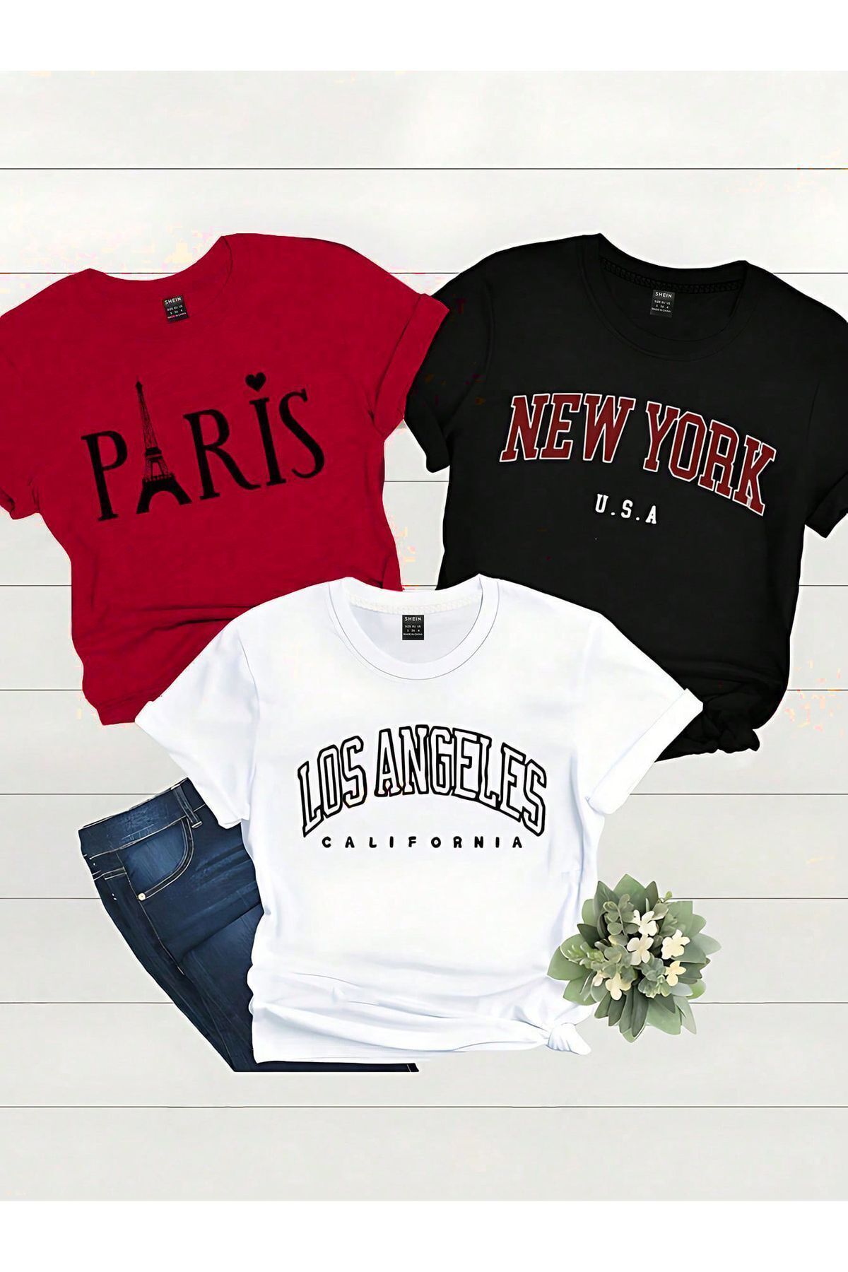 modaberry 3'lü Usa Countries T-Shirt - Kırmızı Siyah Beyaz Baskılı Oversize Kısa Kol Bisiklet Yaka