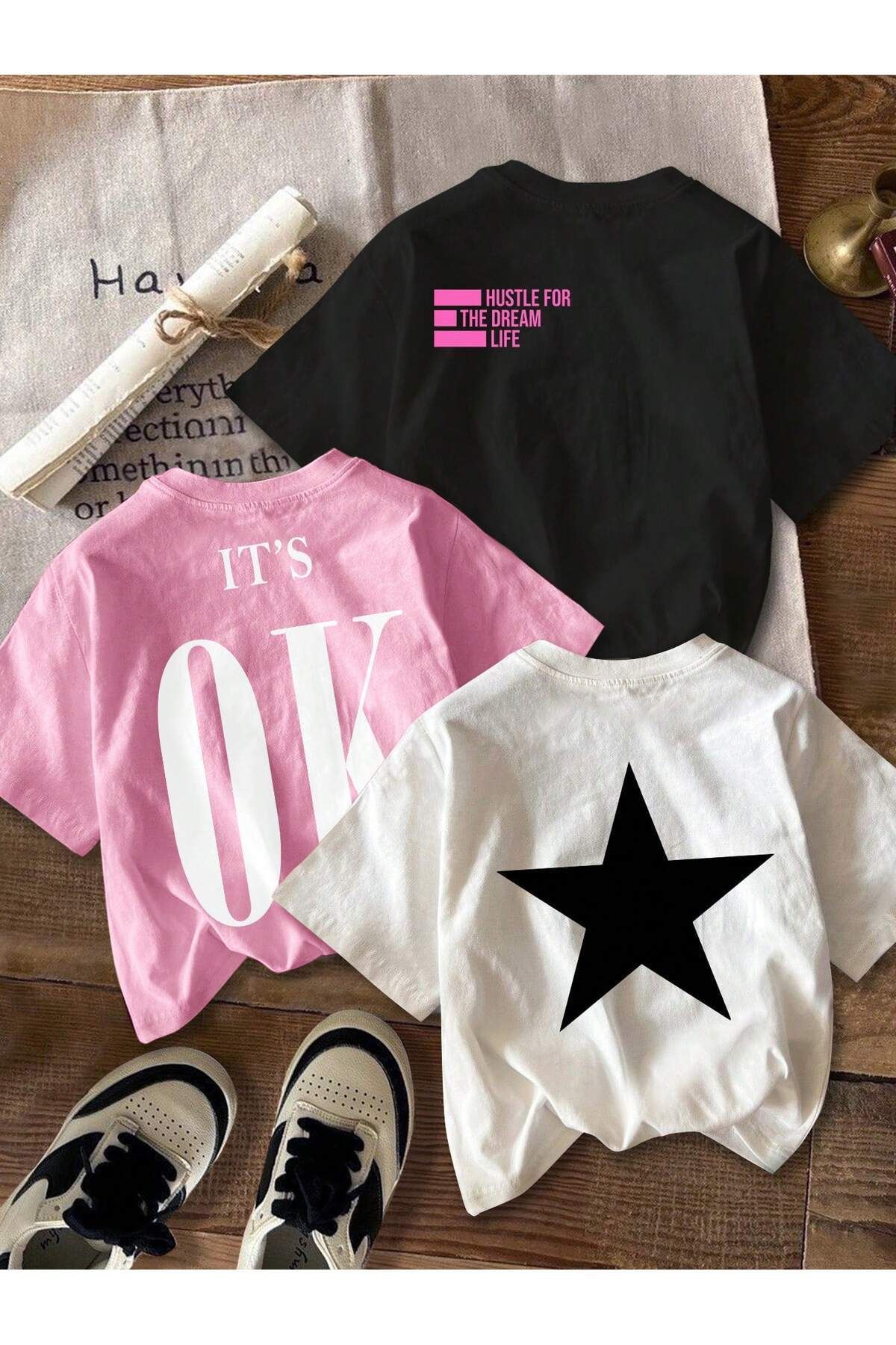 modaberry 3'lü Star Dream T-Shirt - Siyah Pembe Beyaz Baskılı Oversize Kısa Kol Bisiklet Yaka