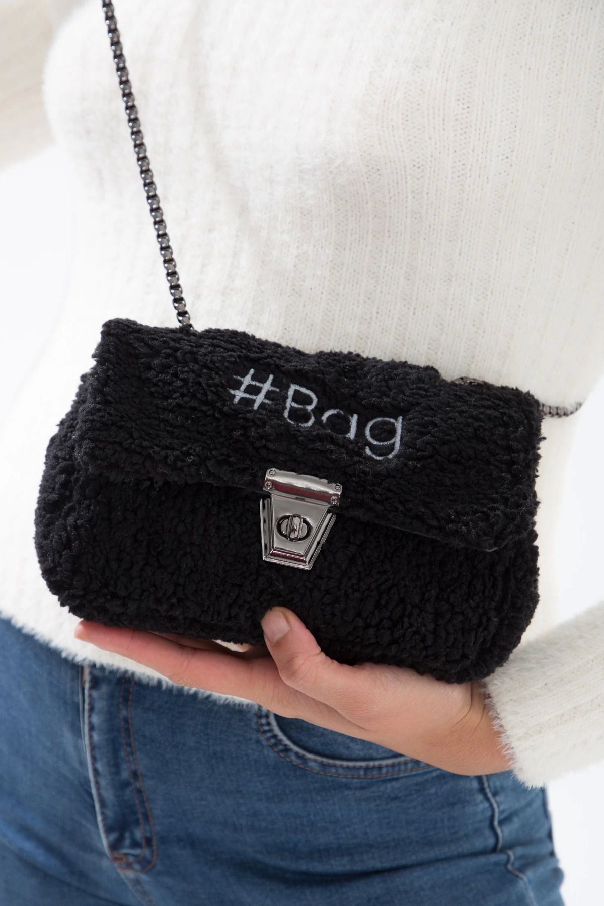 Angoravi Baghashtag Siyah Mini Peluş Çanta
