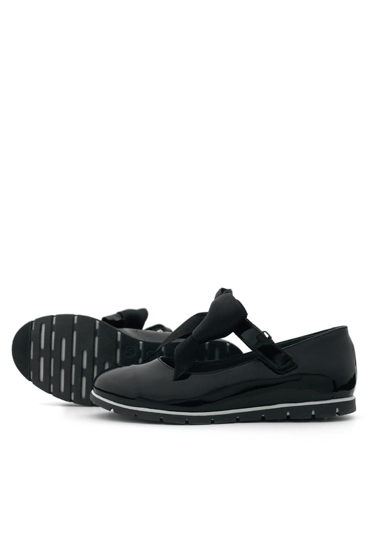 Rakerplus-Genuine Leather Black Patent Leather Girls' Ballerinas with Black Ribbon 6