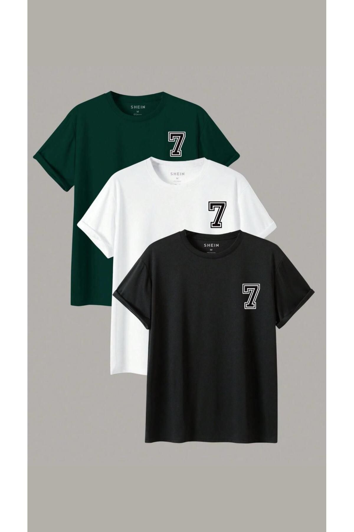 modaberry 3'lü 7 Numara T-Shirt - Yeşil Beyaz Siyah Baskılı Oversize Kısa Kol Bisiklet Yaka