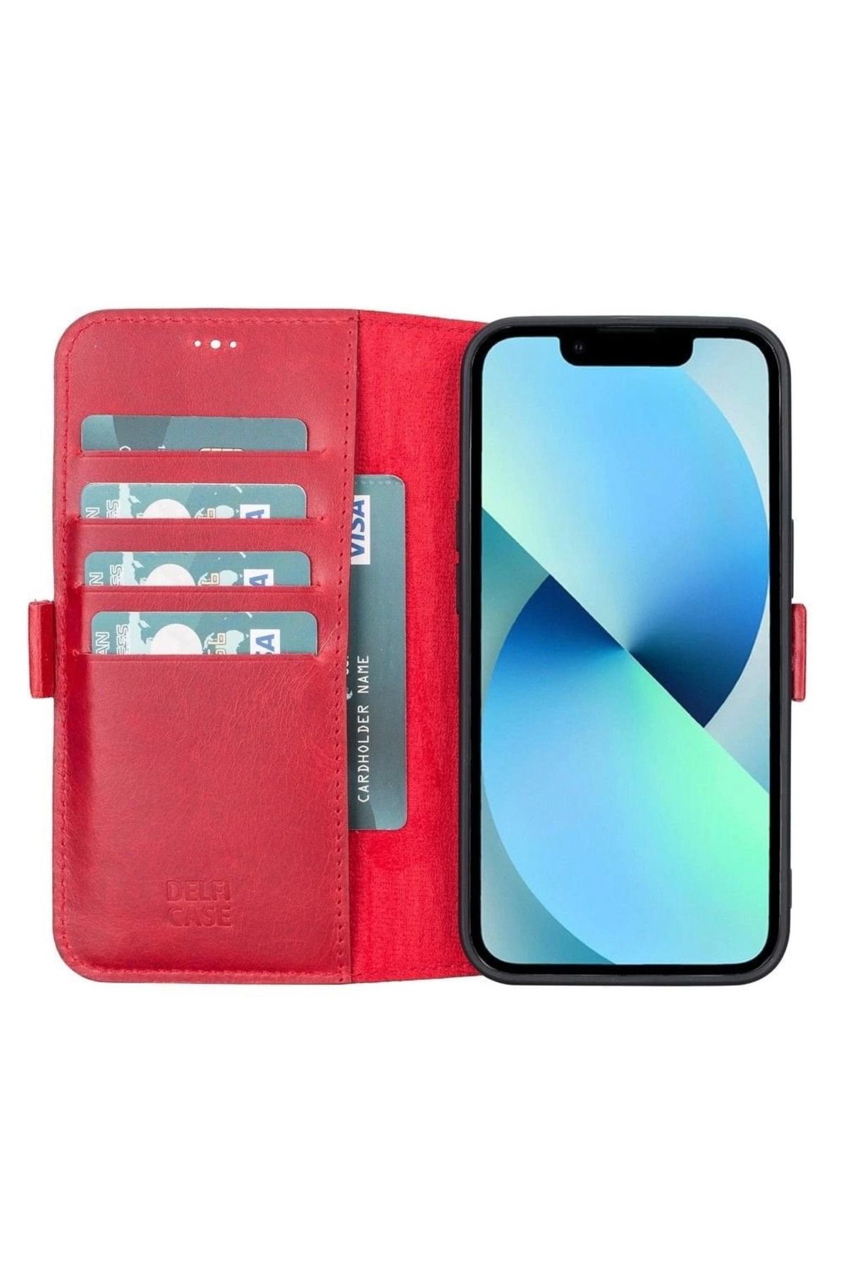 Angoravi Apple iPhone 13 Uyumlu Deri Cüzdanlı Kılıf Nar Çiçeği