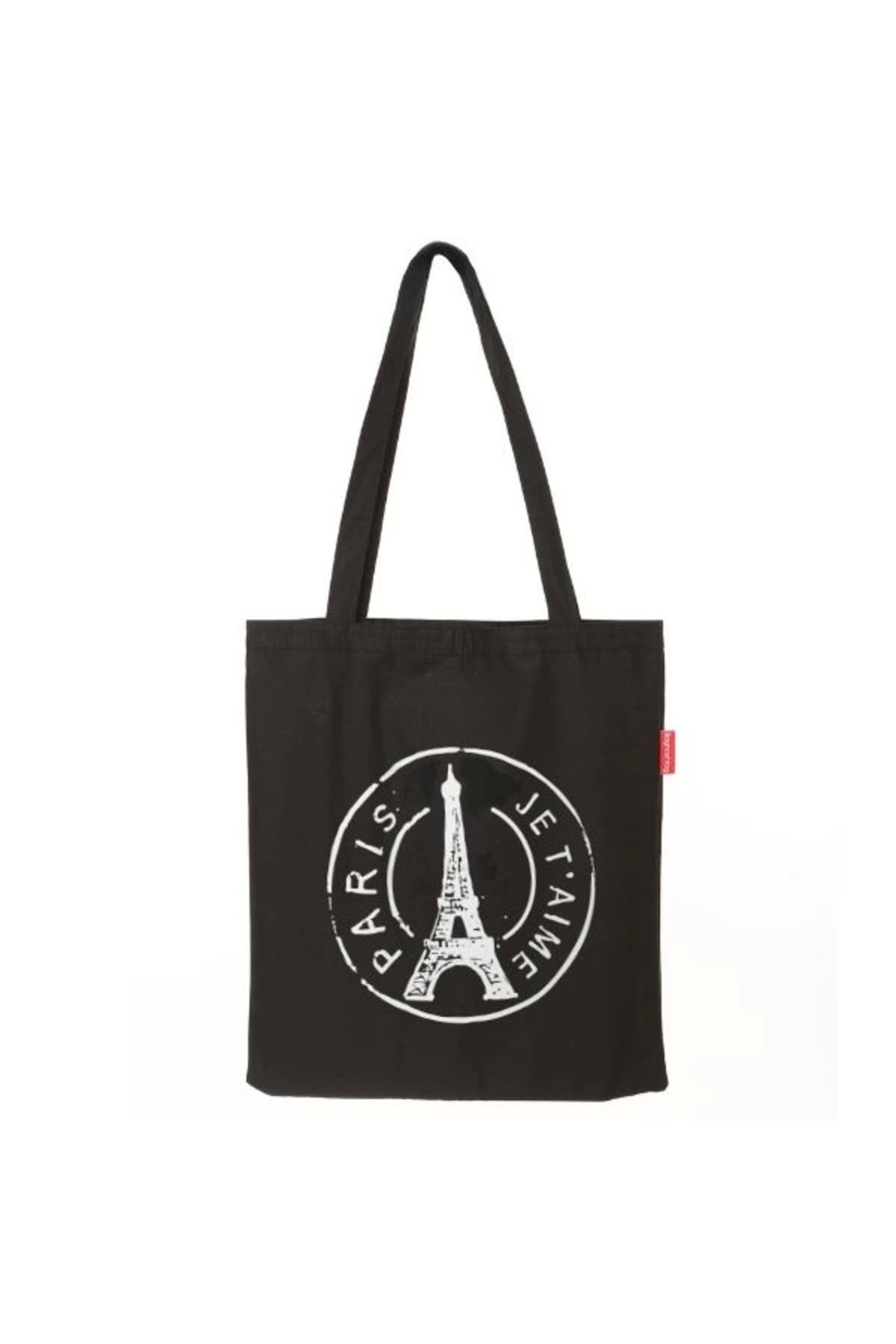 Angoravi Baghashtag Siyah Bez Çanta Paris Baskılı