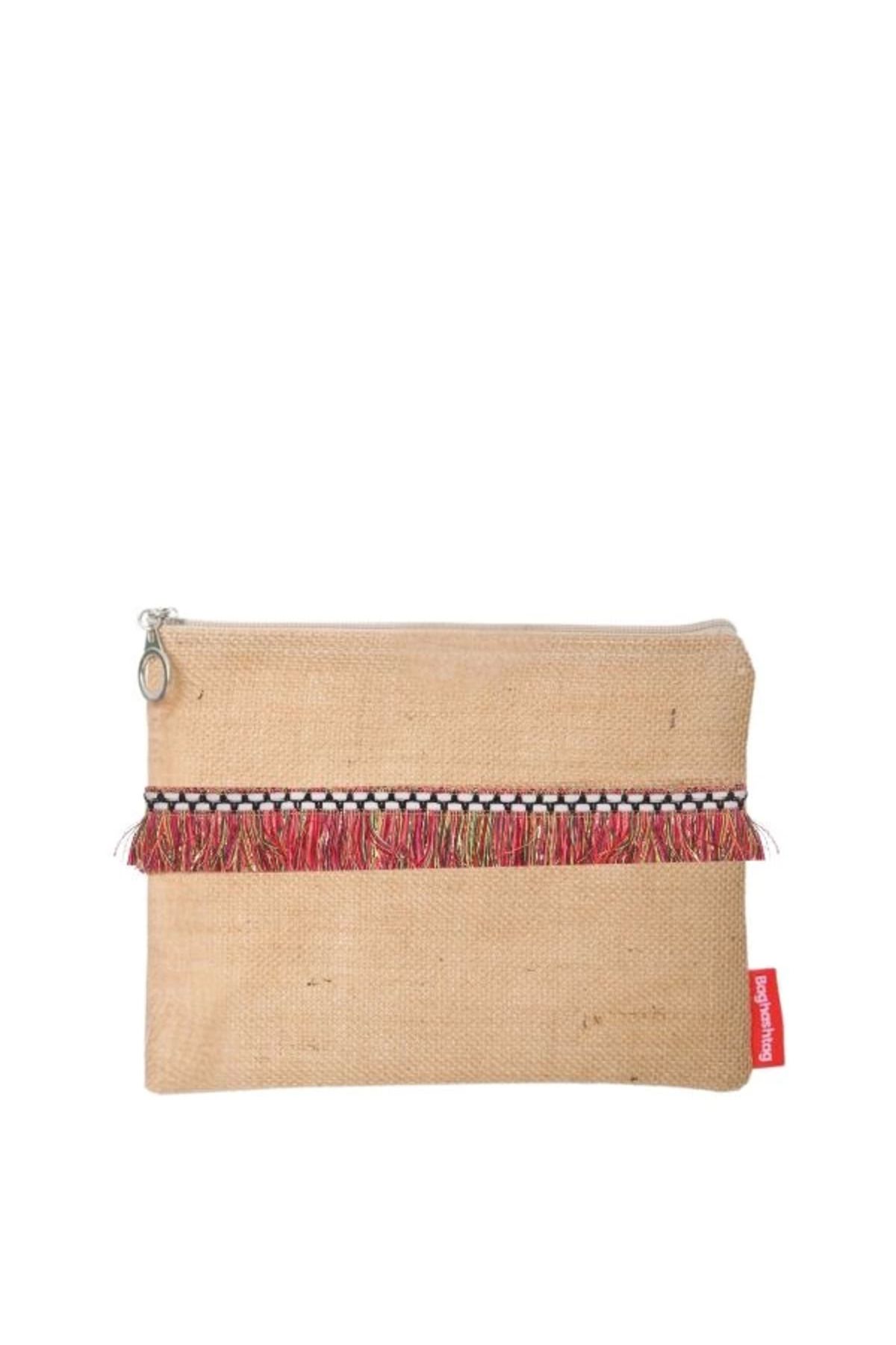Angoravi Baghashtag Kırmızı İp Püsküllü Jüt Clutch Bez Çanta