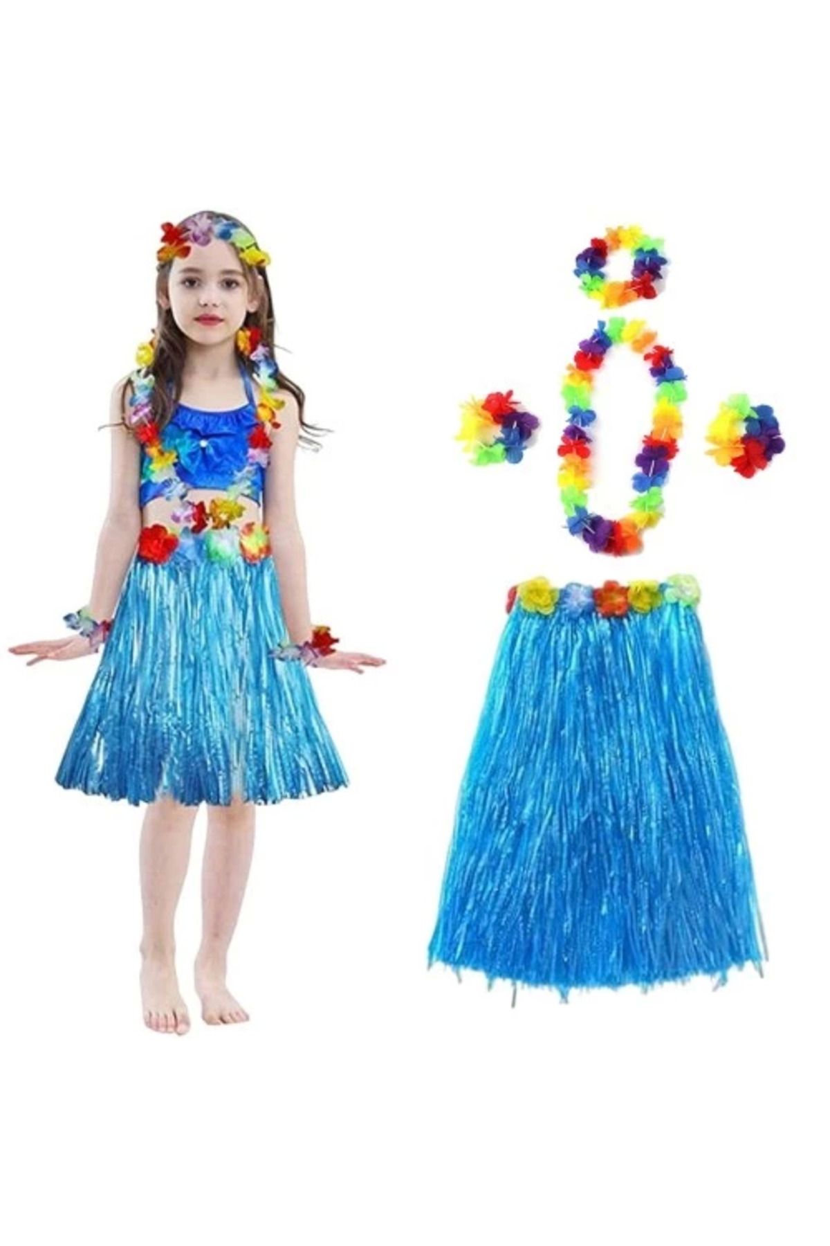 ÖYKÜ VE YİĞİT Yetişkin Ve Çocuk Uyumlu Hawaii Luau Aloha Mavi Püsküllü Etek Kolye Taç Ve 2 Adet Bileklik Seti