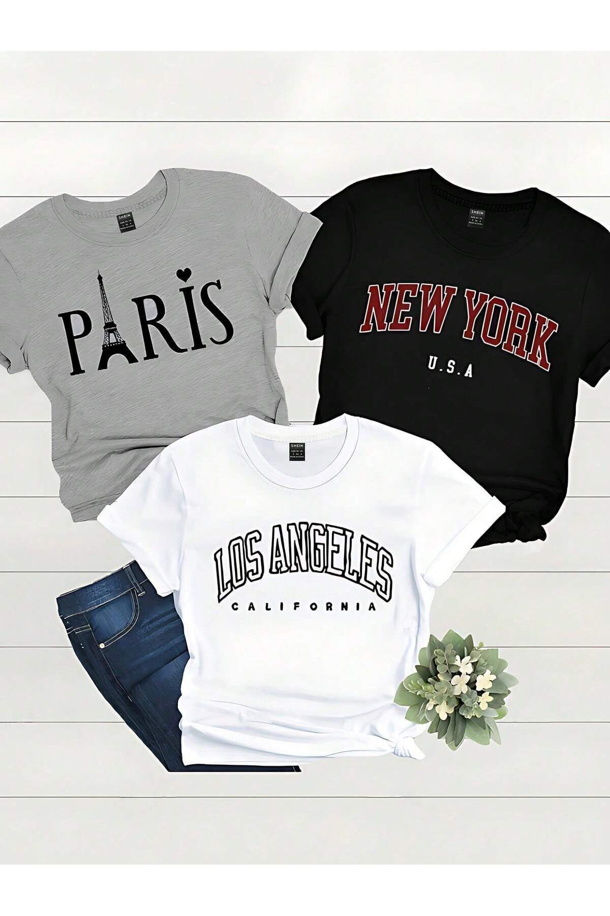 modaberry 3'lü Usa Countries T-Shirt - Gri Siyah Beyaz Baskılı Oversize Kısa Kol Bisiklet Yaka