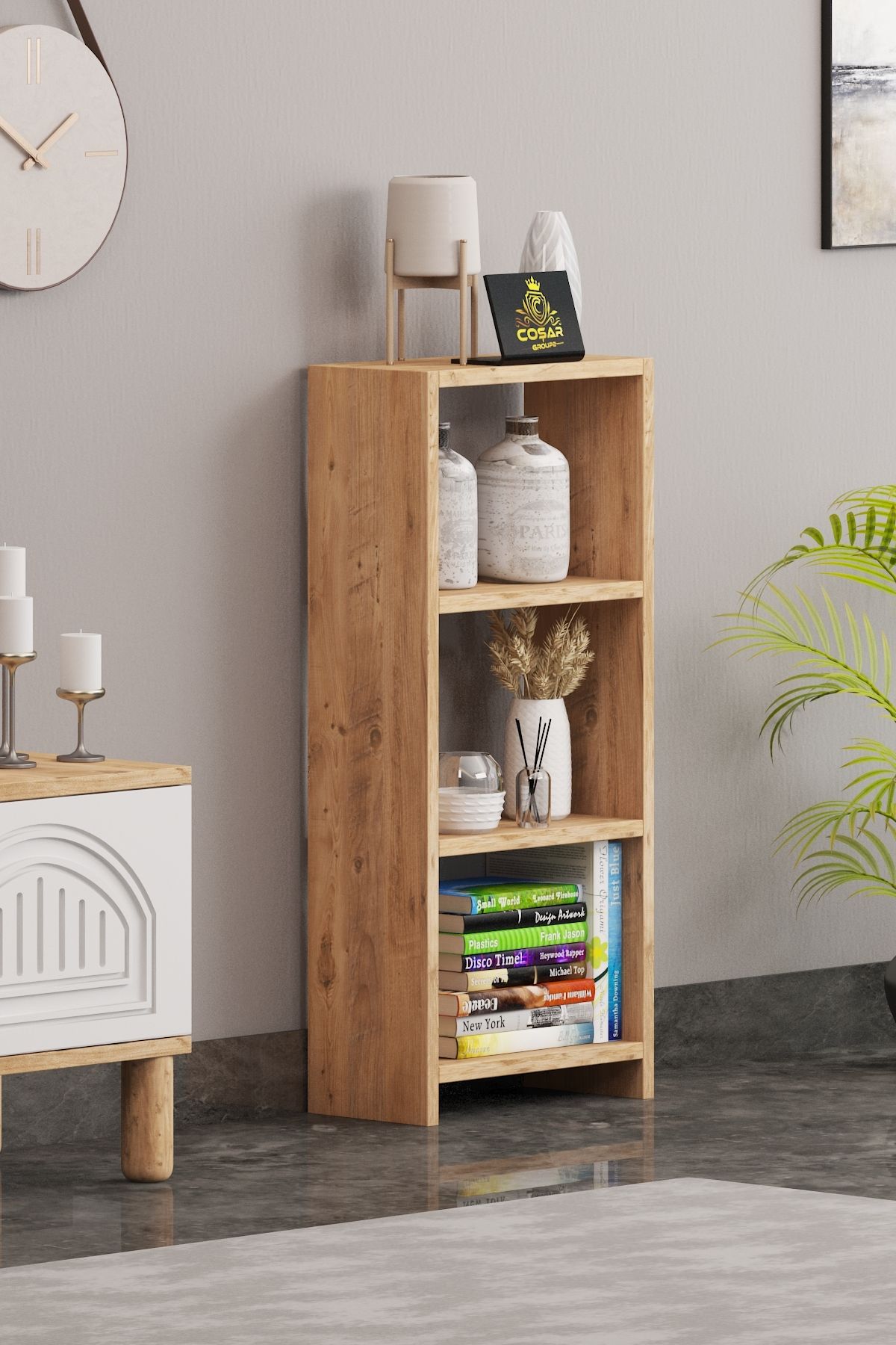 Cosargroup Bohem 4 Raflı 40 Cm Dekoratif Kitaplık İskandinav Tarz Kitaplık Ofis Kitaplığı Dolap Evrak Rafı