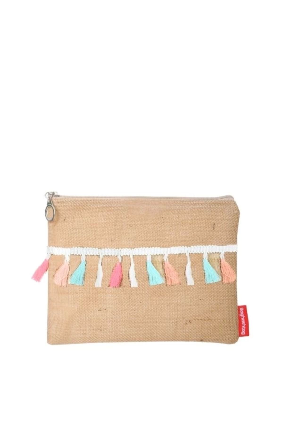 gizmurstore Baghashtag Fosforlu Renkli Pon Pon Püsküllü Jüt Clutch Bez Çanta