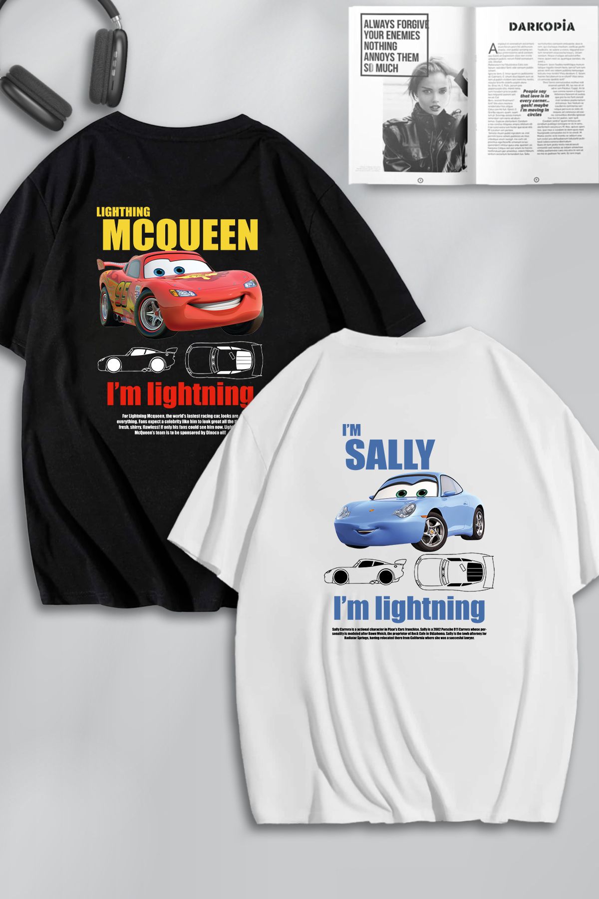 modaberry 2'Li McQueen Sally Sevgili T-Shirt - Siyah Beyaz Baskılı Oversize Bisiklet Yaka Kısa Kol