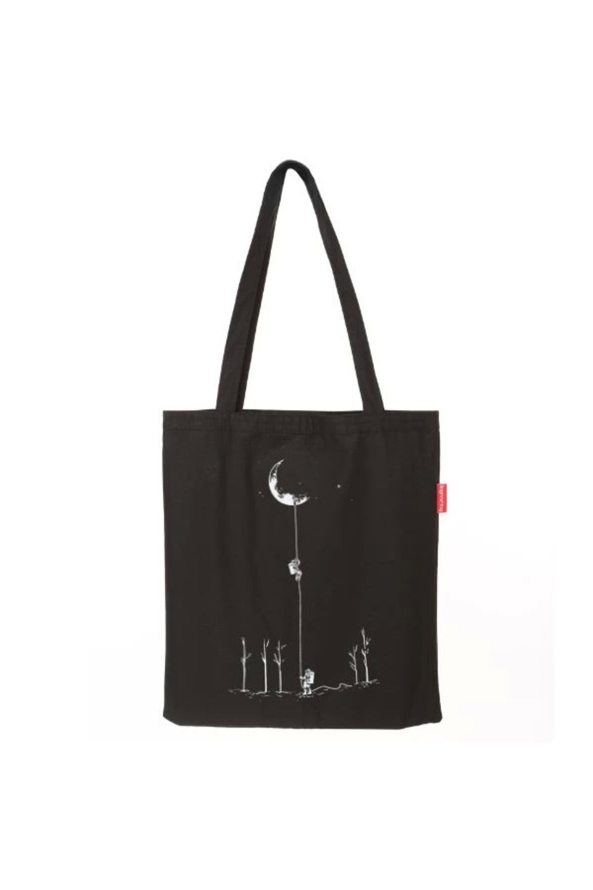 Angoravi Baghashtag Aydan İnen Astronot Baskılı Siyah Bez Çanta