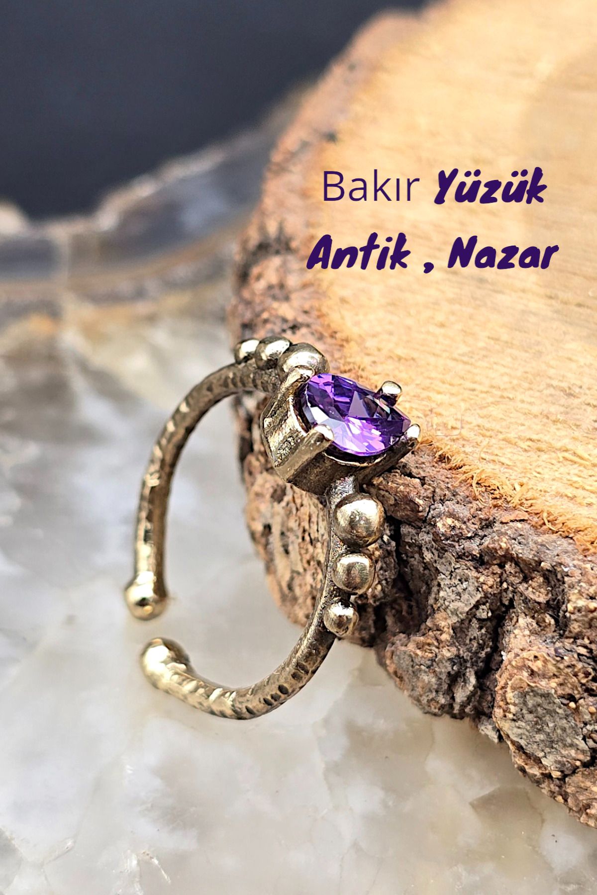 NBS Beautiful Naturel Stones Bakır Yüzük Mor Kristal Ayarlanabilir Zarif Küçük Antik Trend ( Hediyelik , Günlük , Özel Gün )
