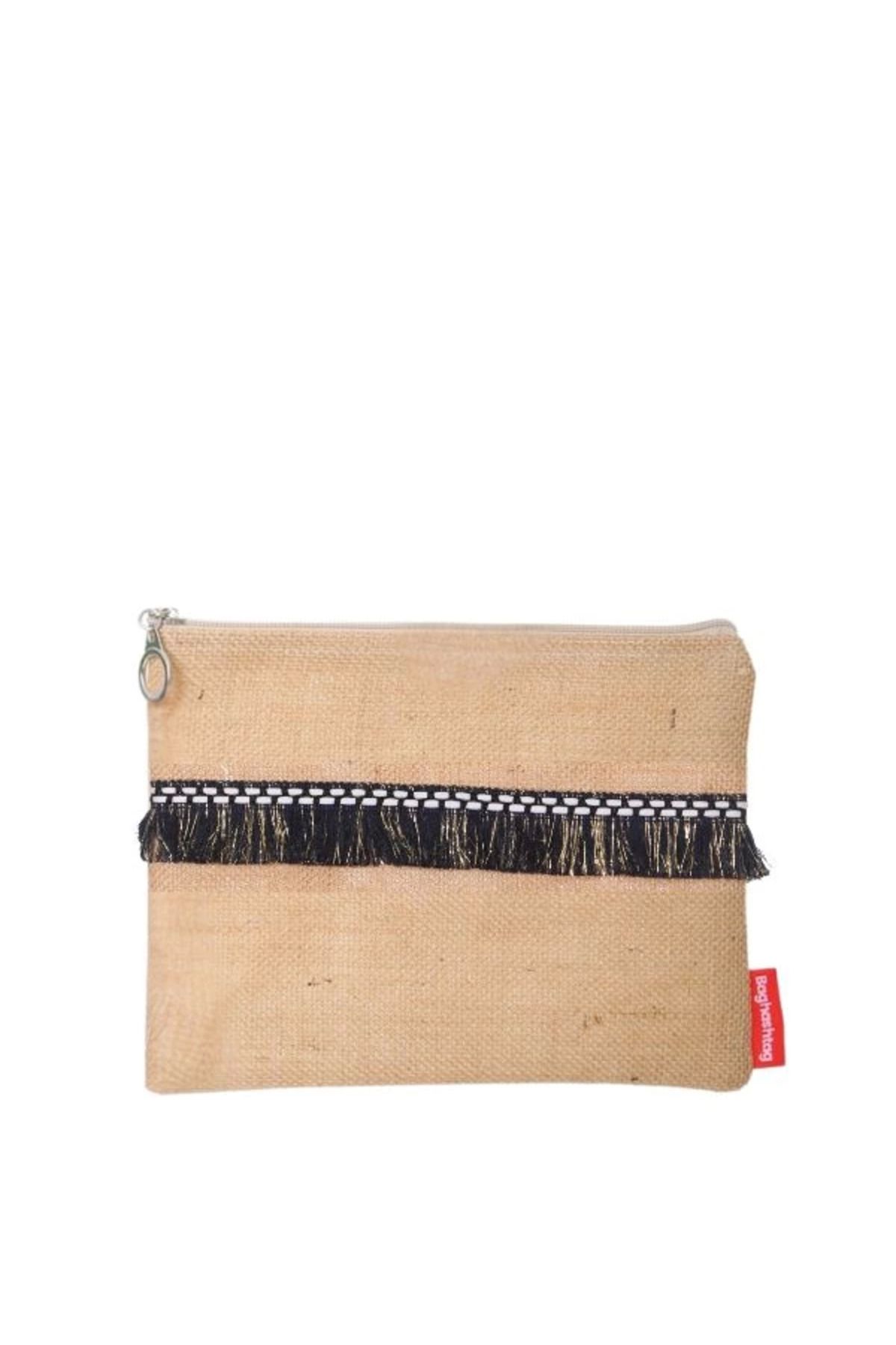 gizmurstore Baghashtag Siyah İp Püsküllü Jüt Clutch Bez Çanta