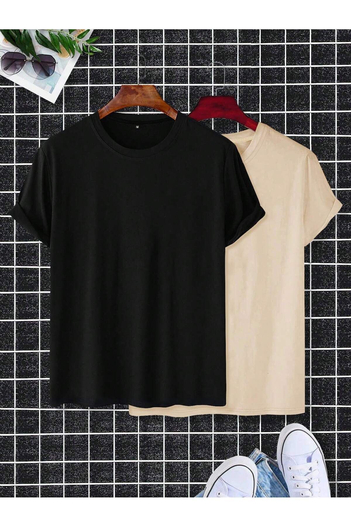 modaberry 2'li Düz Basic Tişört - Siyah Bej Oversize Baskısız Yazlık Kısa Kol T-Shirt Bisiklet Yaka