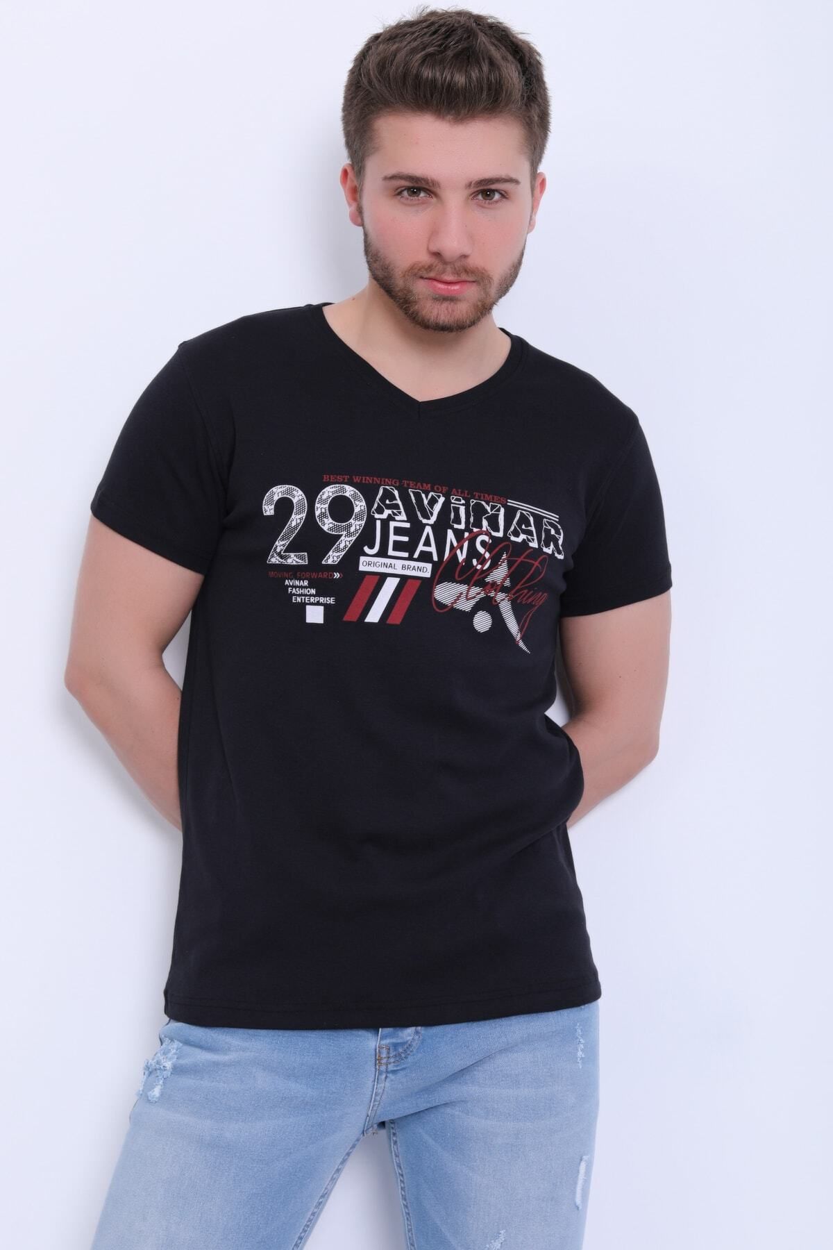Avinar Unisex V Yaka Baskılı T-shirt