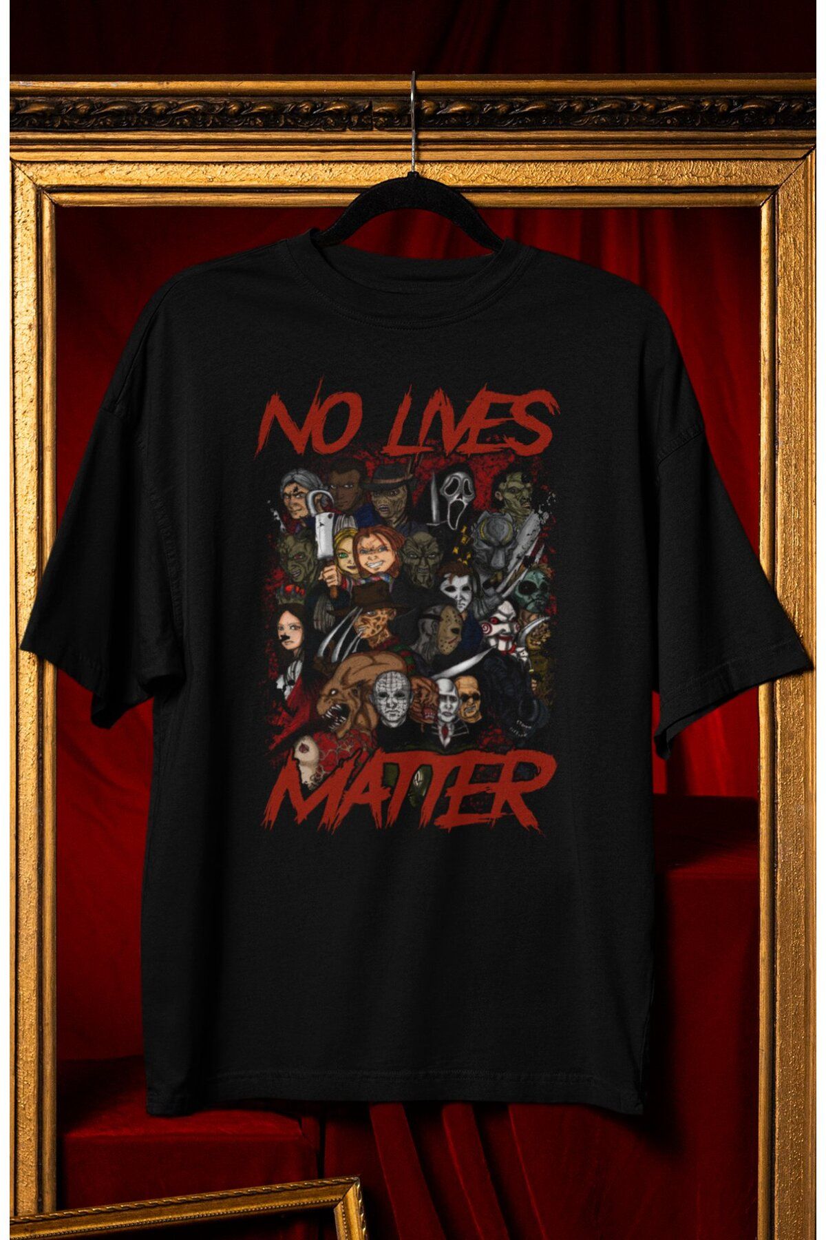 Fuddy Moda Unisex No Lives Matter Yazılı Tişört, Oversize Korku Filmi Karakterleri Hallowen Temalı T-shirt