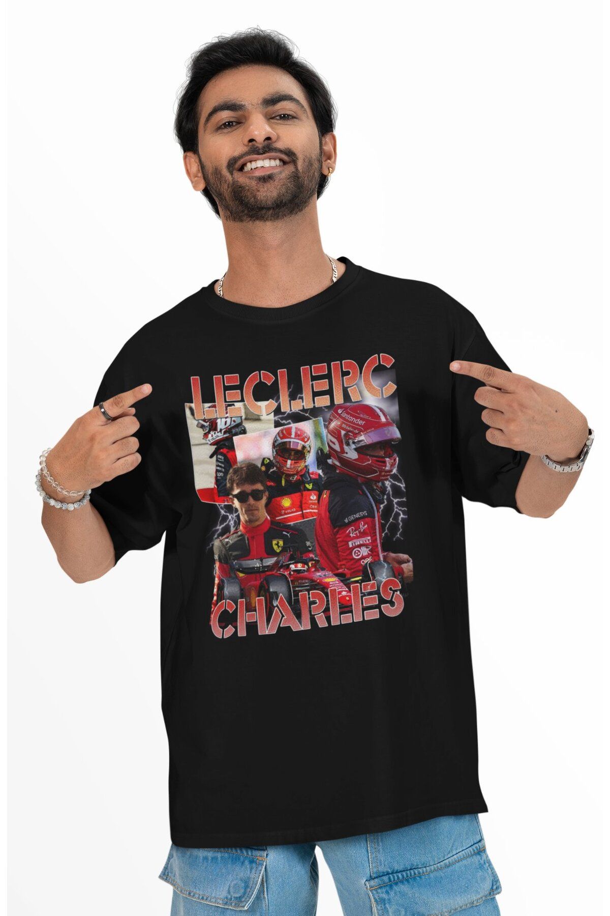 Fuddy Moda Oversize Formula 1 Pilotu Charles Leclerc Baskılı Tişört, Unisex F1 Temalı T-shirt
