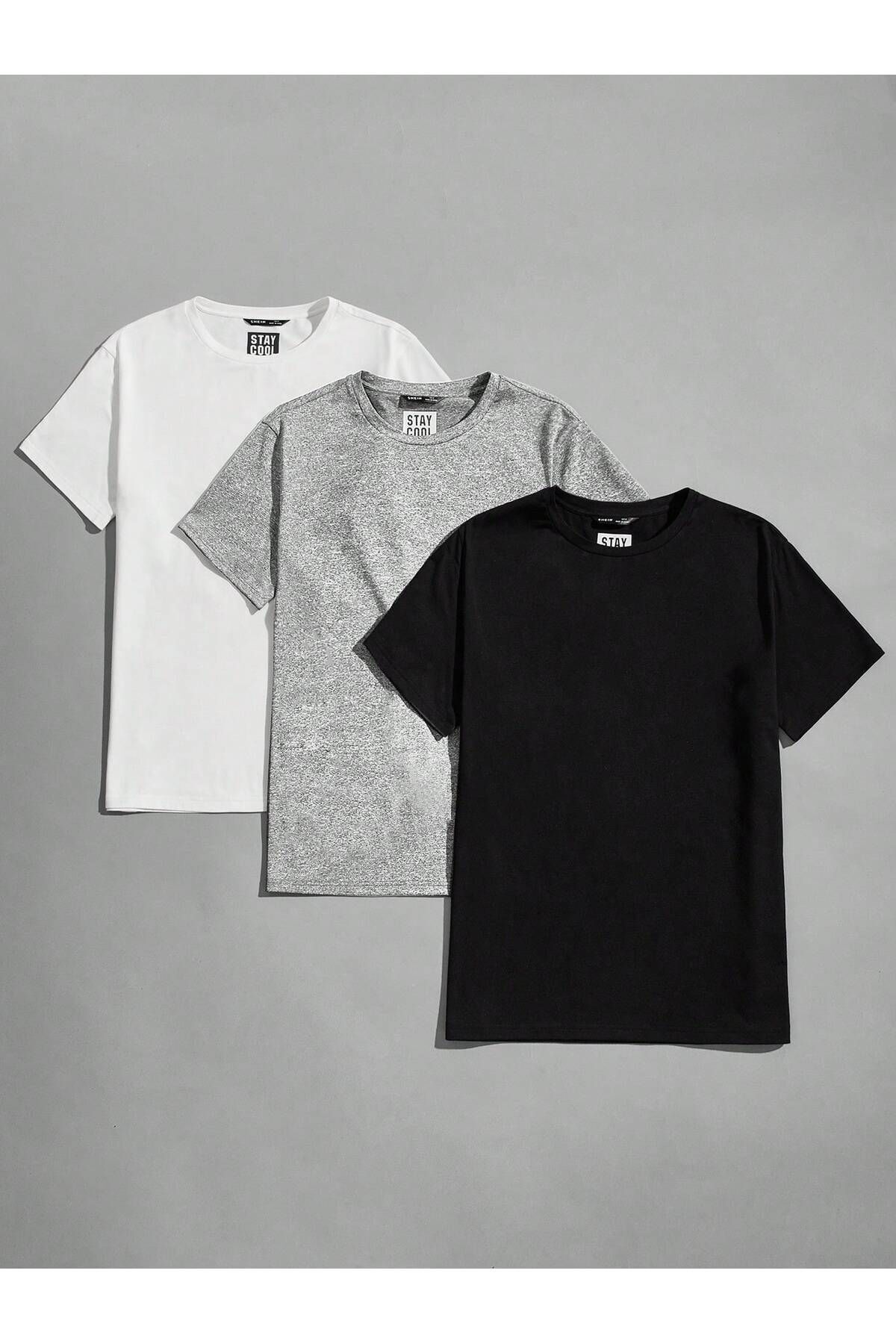 modaberry 3'lü Düz Basic Tişört - Beyaz Gri Siyah Oversize Baskısız Yazlık Kısa Kol T-Shirt Bisiklet Yaka