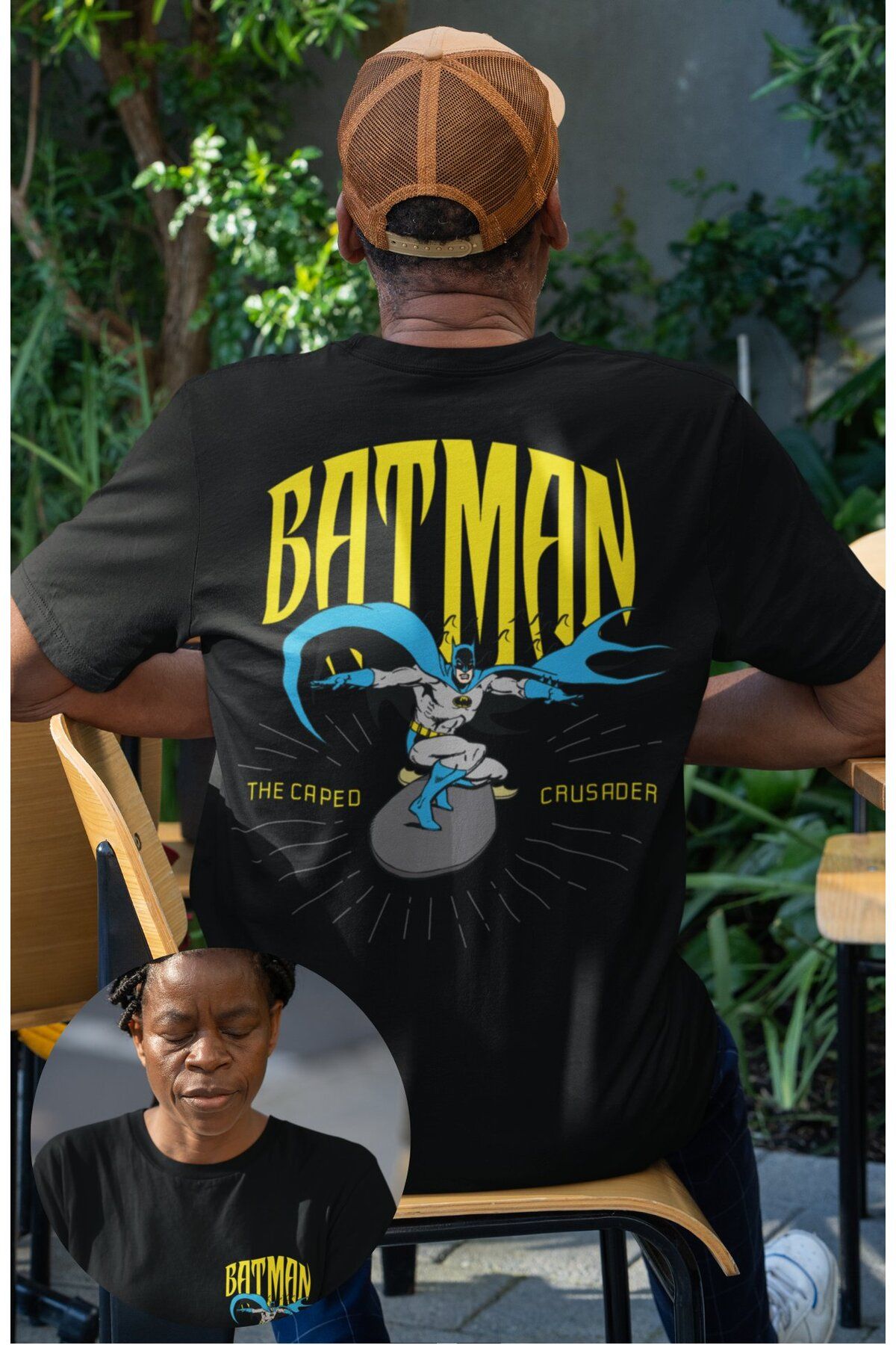Fuddy Moda Unisex Batman The Caped Crusader Sırt Yazılı Tişört, Oversize Batman Baskılı T-shirt
