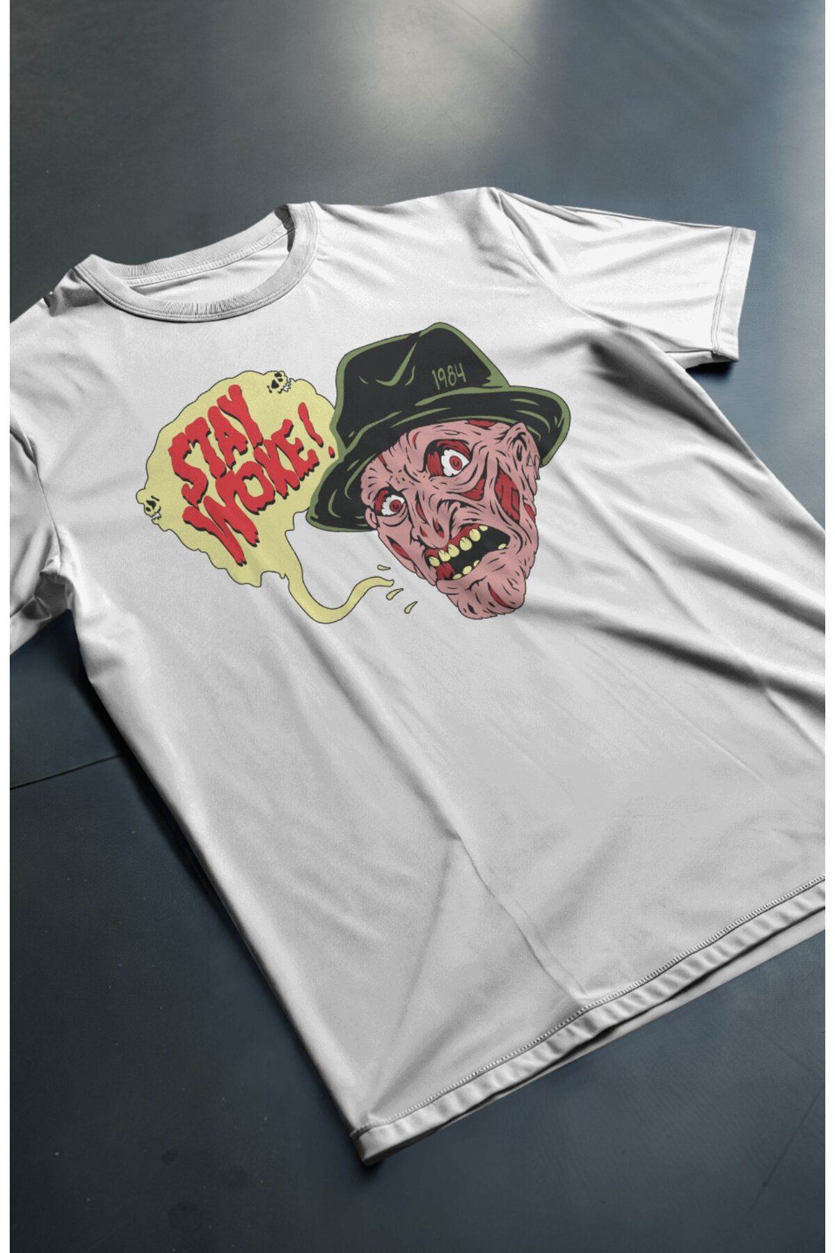Fuddy Moda Unisex Stay Woke Yazılı Tişört, Oversize Korku Filmi Hallowen Temalı T-shirt
