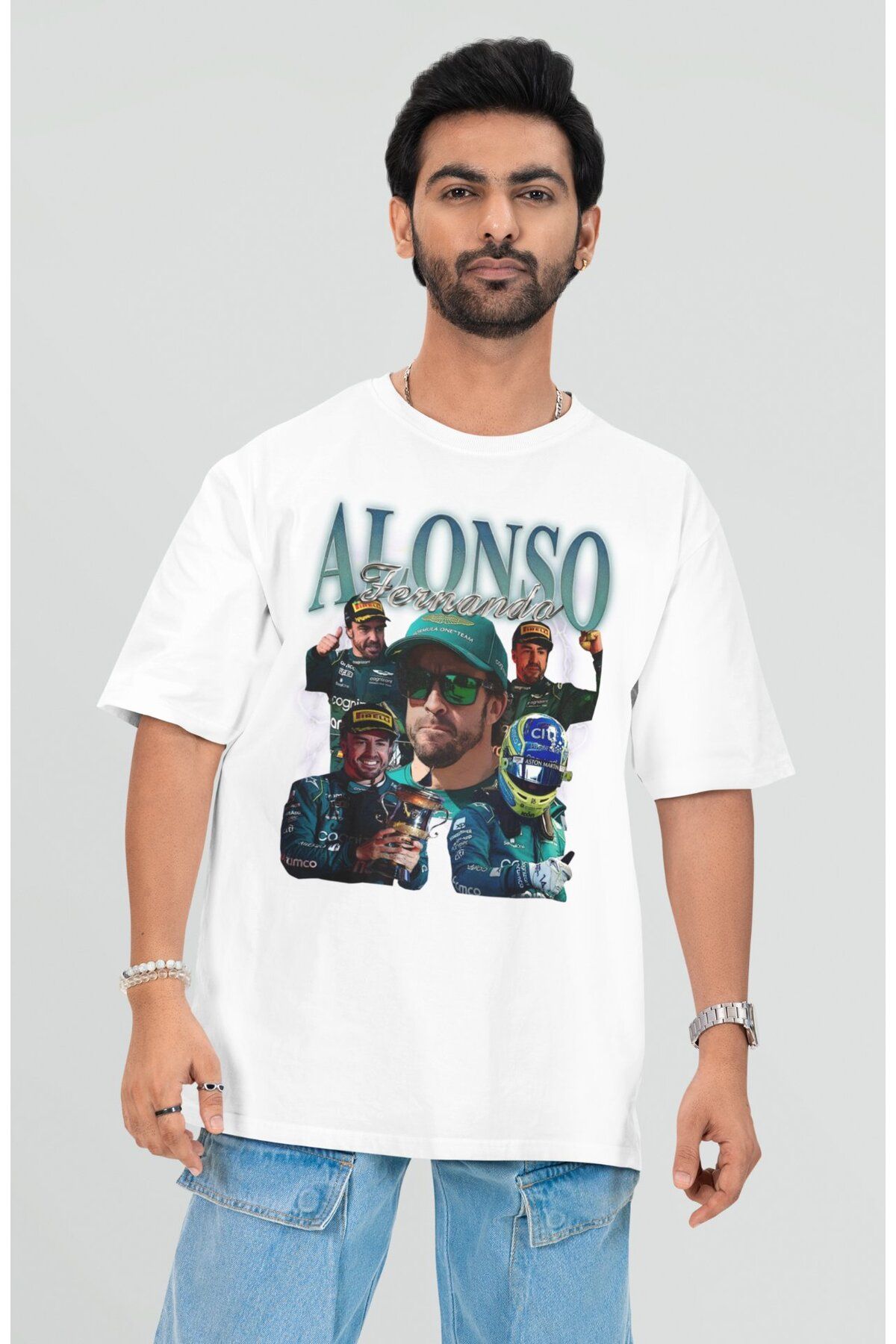 Fuddy Moda Oversize Resimli Allonso Formula 1 Pilotu Baskılı Tişört, Unisex F1 Temalı T-shirt