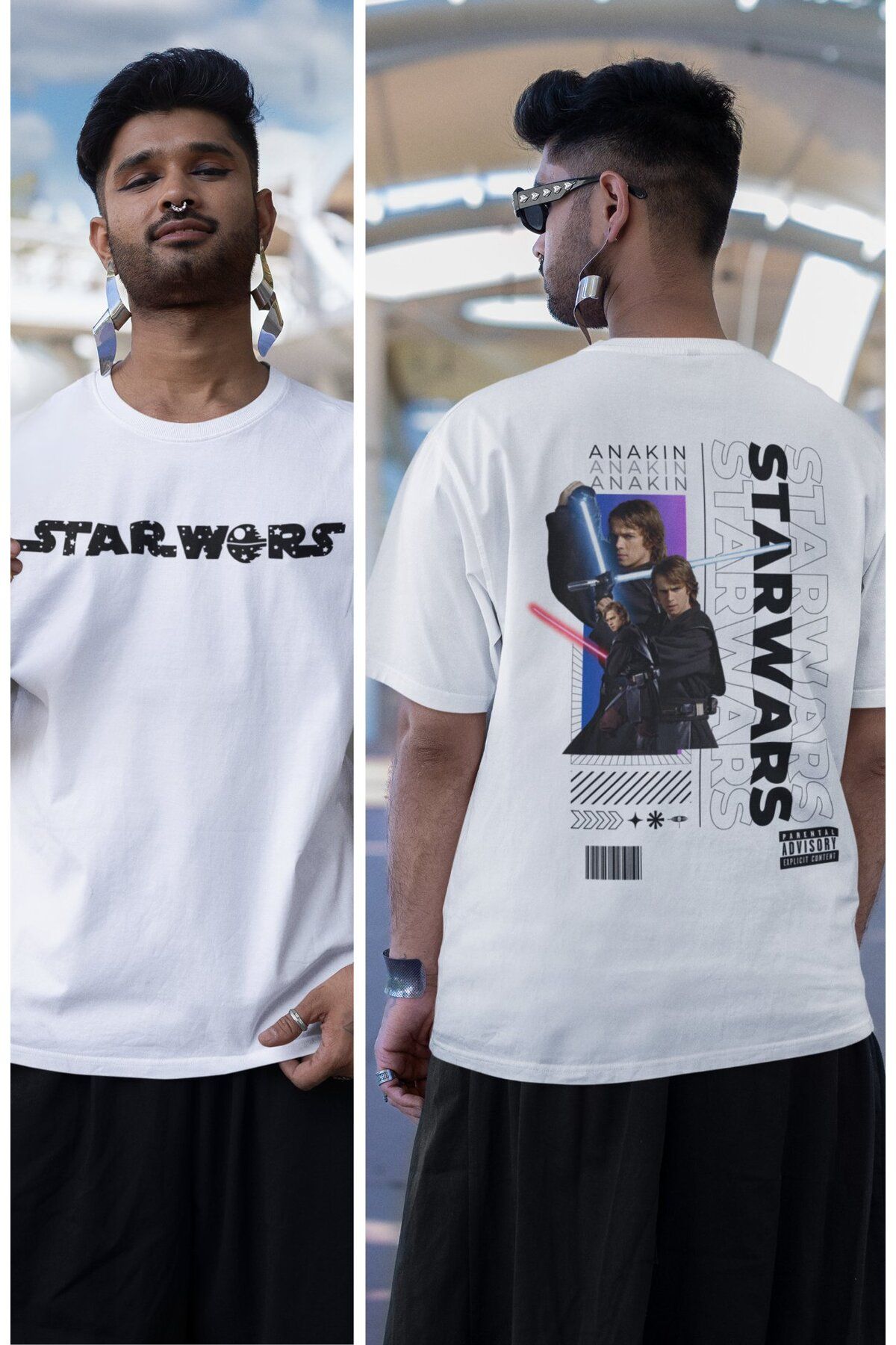 Fuddy Moda Unisex Anakin Sırt Baskılı Tişört, Oversize Star Wars Yazılı T-shirt