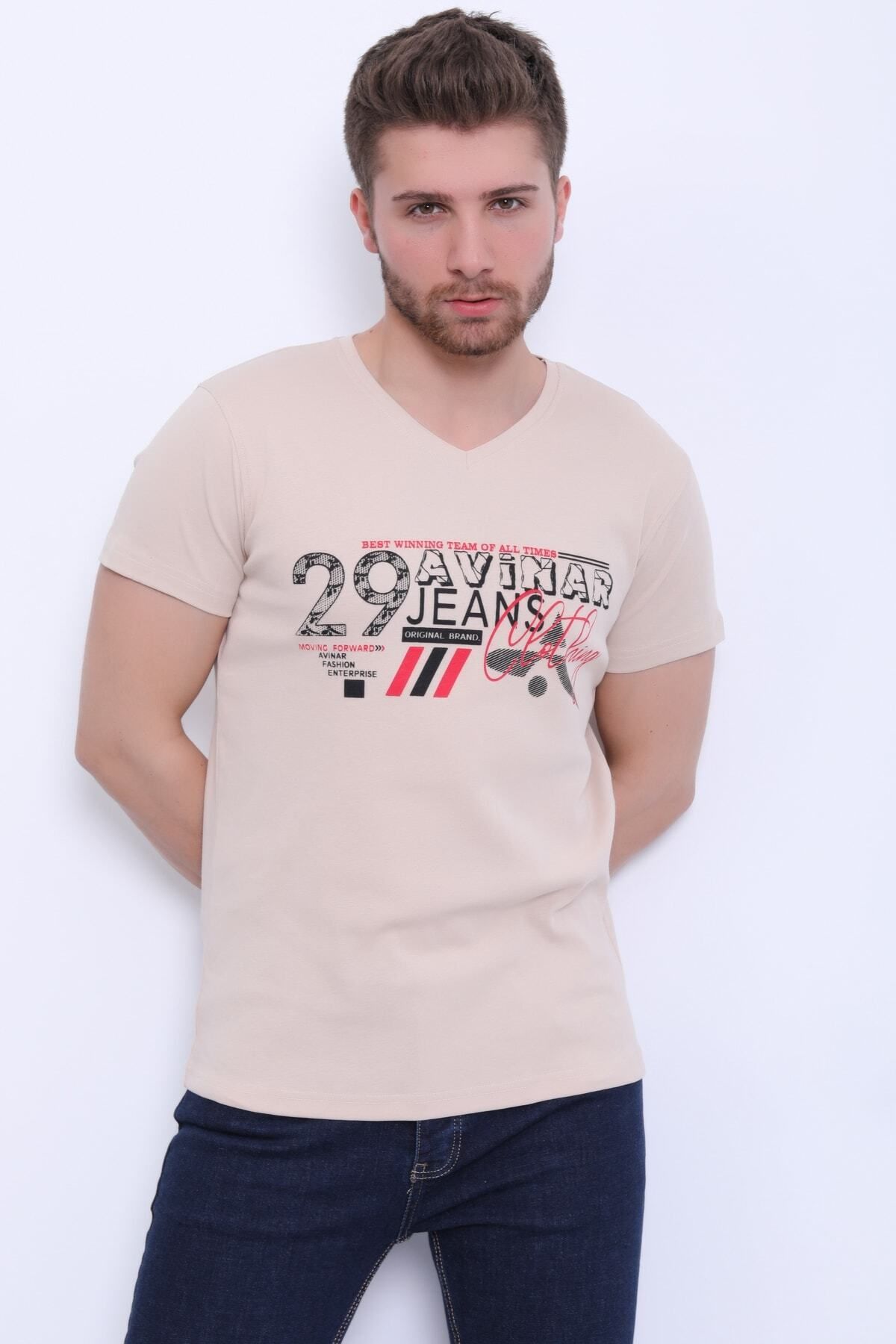 Avinar Unisex V Yaka Baskılı T-shirt