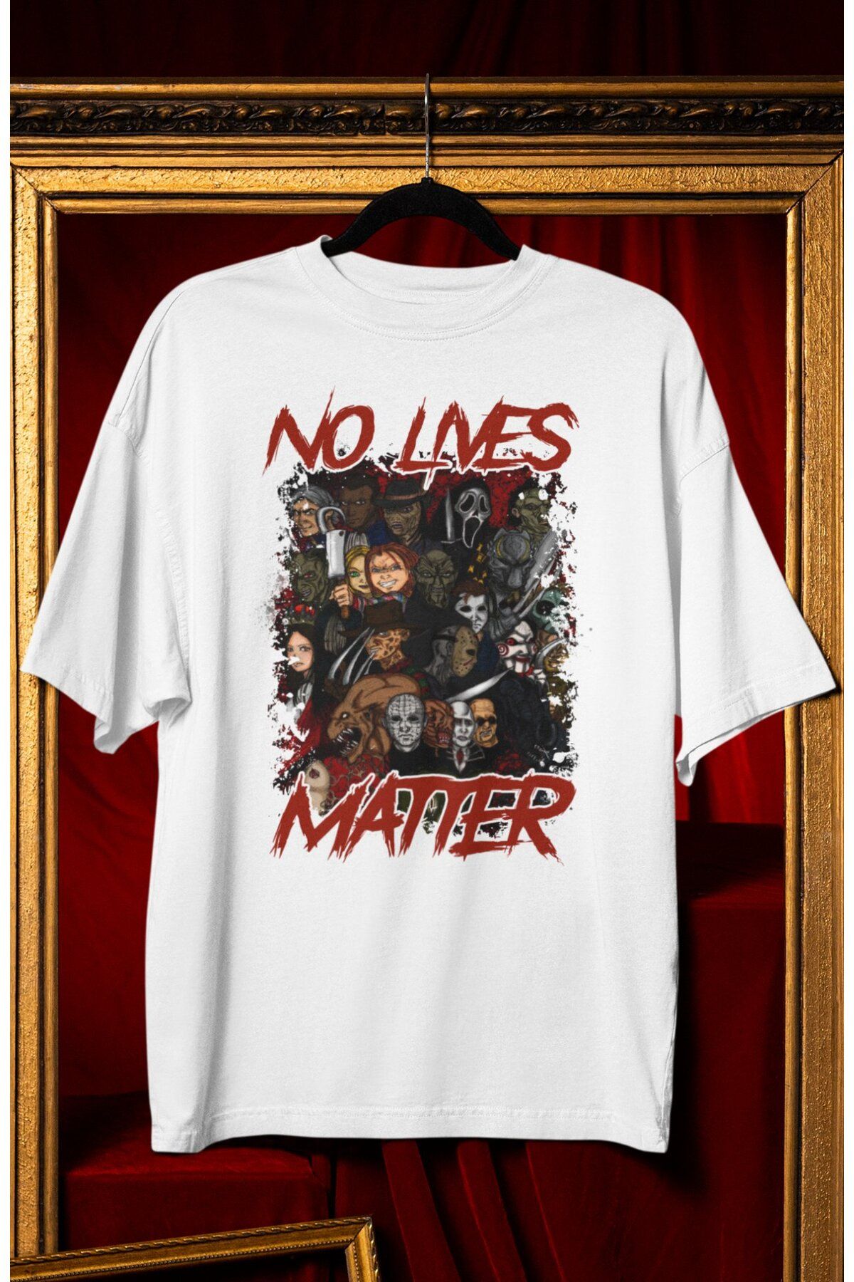 Fuddy Moda Unisex No Lives Matter Yazılı Tişört, Oversize Korku Filmi Karakterleri Hallowen Temalı T-shirt