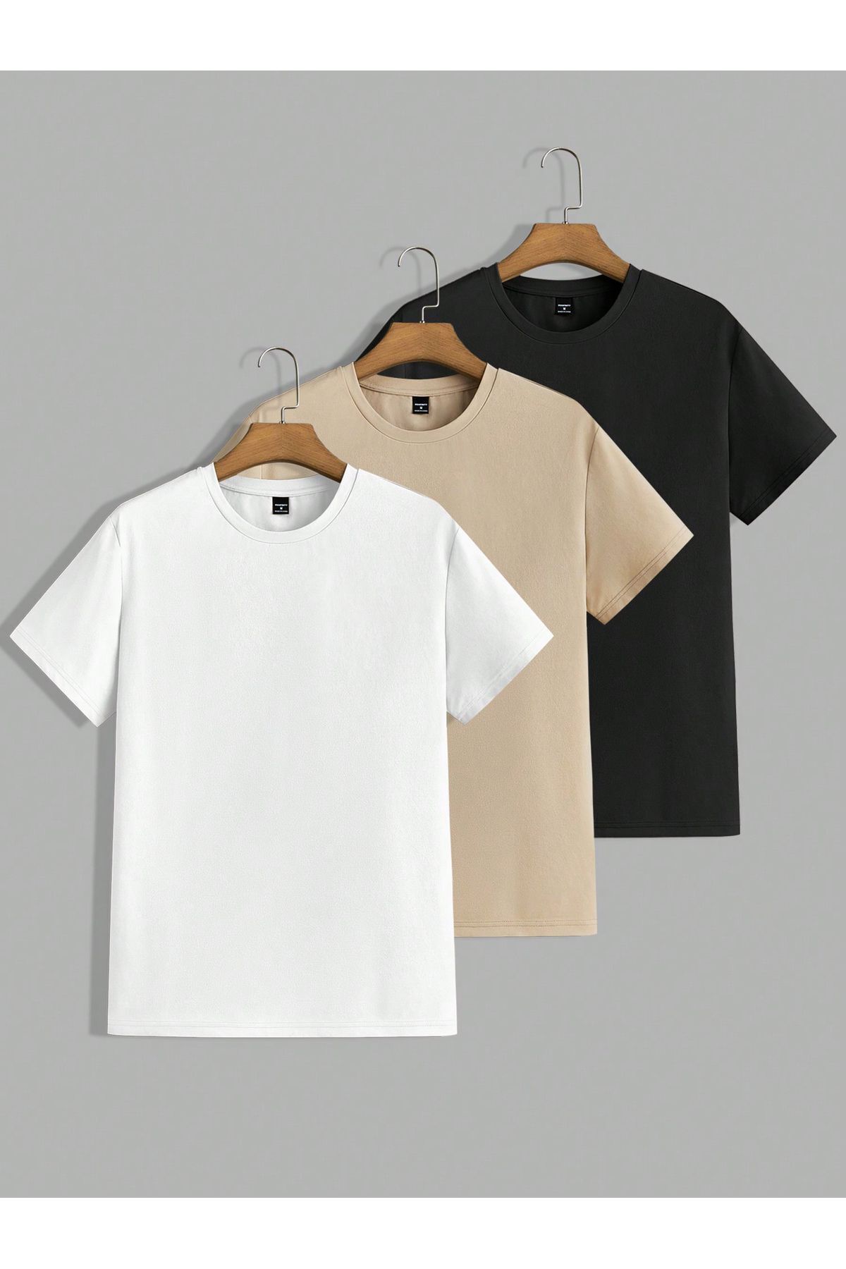 modaberry 3'lü Düz Basic Tişört - Beyaz Bej Siyah Oversize Baskısız Yazlık Kısa Kol T-Shirt Bisiklet Yaka