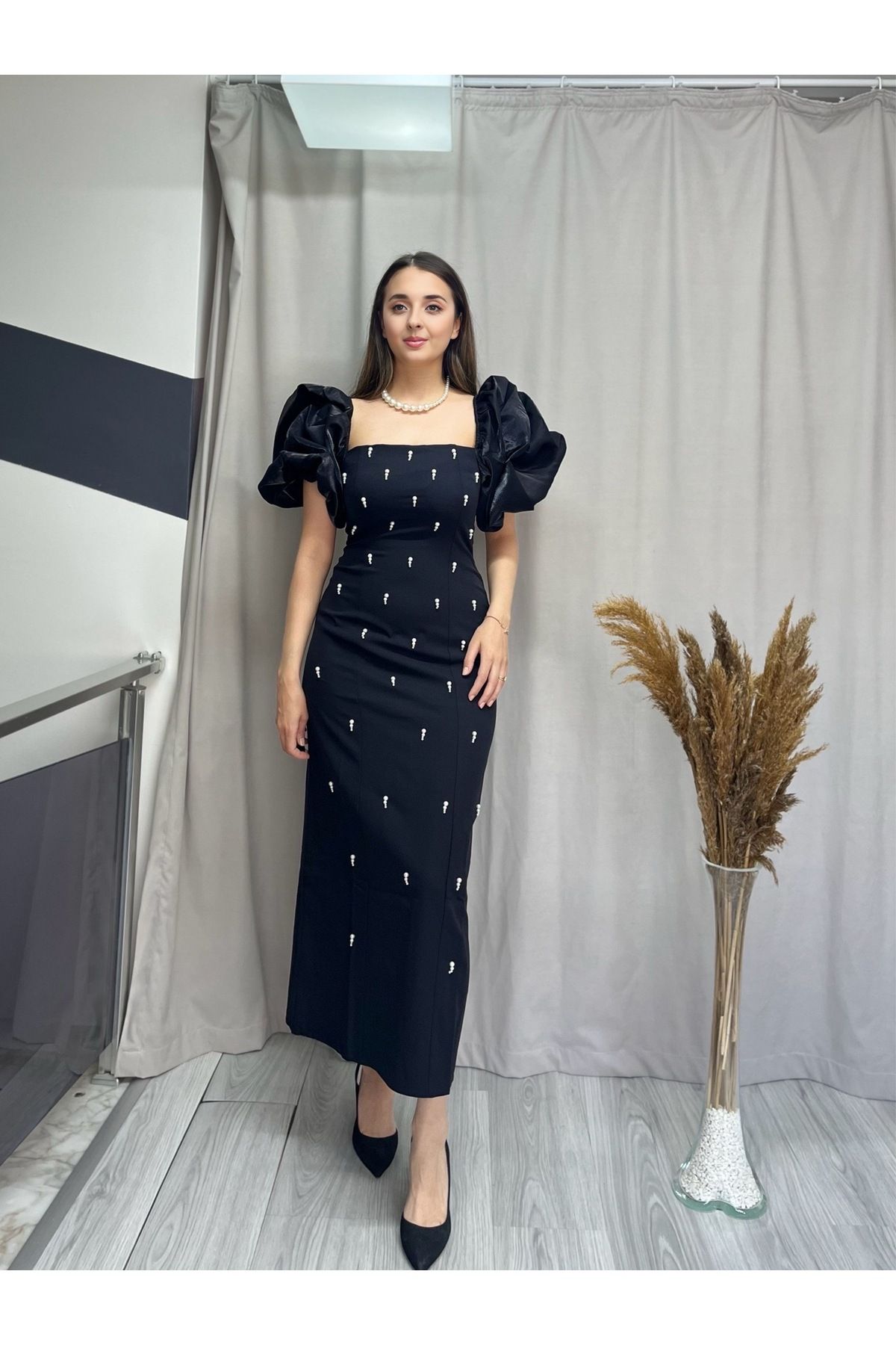 Starmount Butik İnci İşlemeli Saten Balon Kol Uzun Elbise