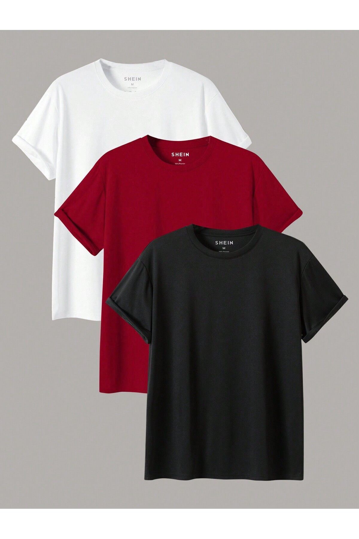 modaberry 3'lü Düz Basic Tişört - Beyaz Kırmızı Siyah Oversize Baskısız Yazlık T-Shirt Bisiklet Yaka