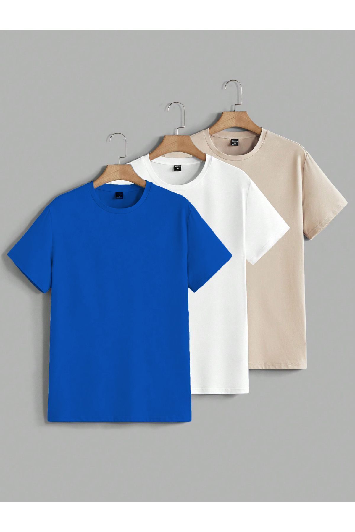 modaberry 3'lü Düz Basic Tişört - Sax Mavi Beyaz Bej Oversize Baskısız Yazlık T-Shirt Bisiklet Yaka