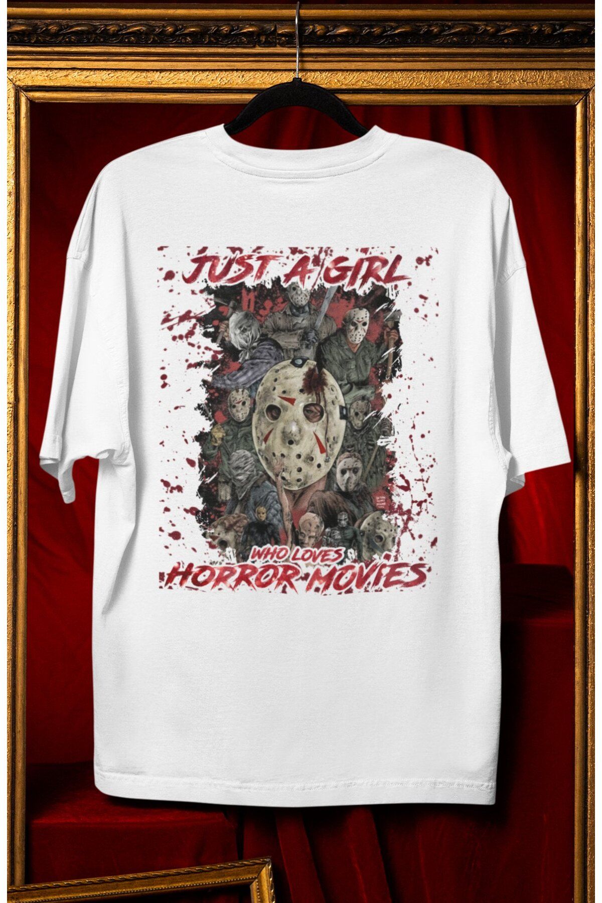 Fuddy Moda Unisex Who Loves Horror Movies Sırt Yazılı Tişört, Oversize Korku Film Temalı T-shirt