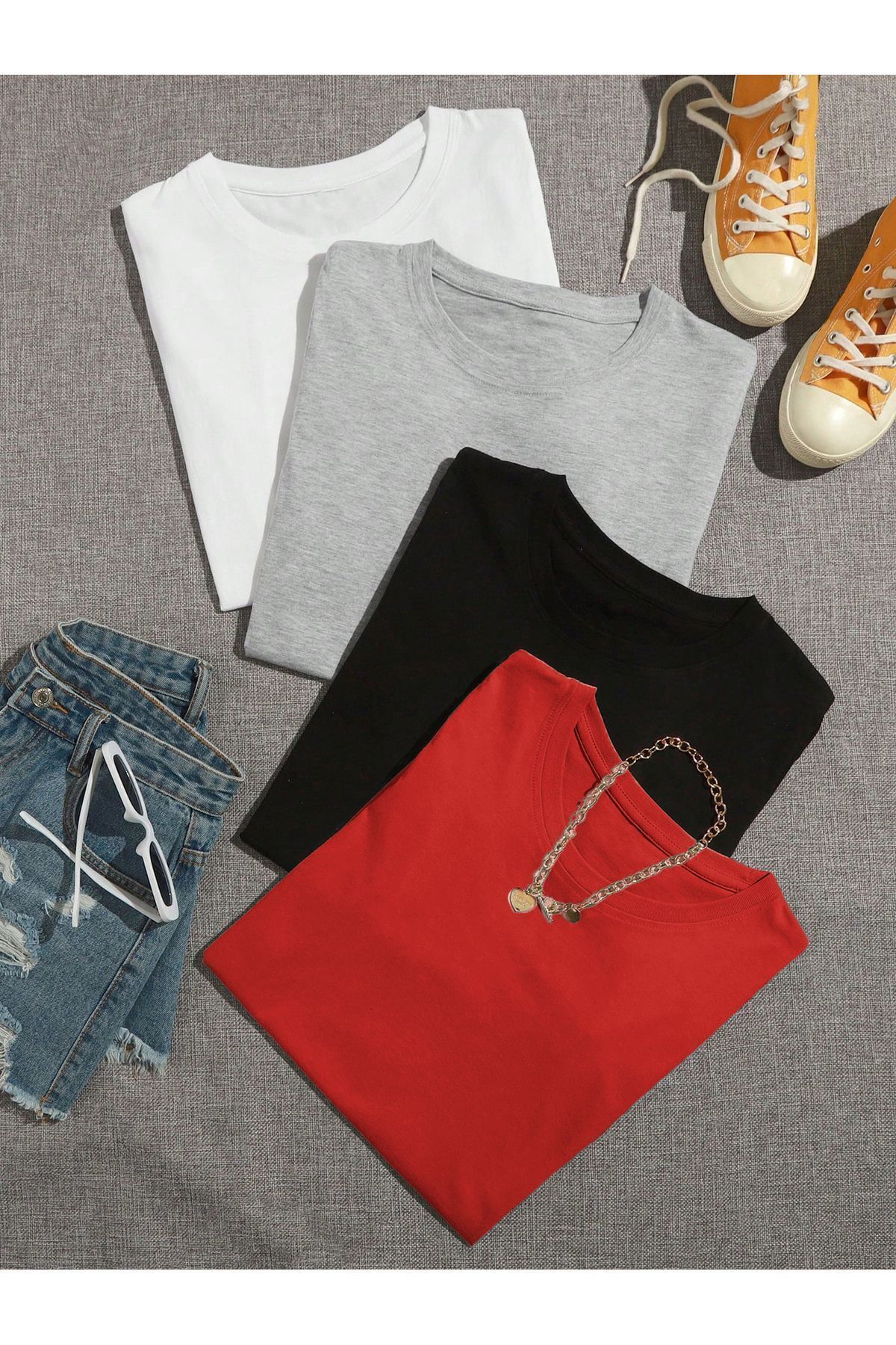 modaberry 4'lü Düz Basic Tişört - Beyaz Gri Siyah Kırmızı Oversize Baskısız Yazlık T-Shirt Bisiklet Yaka