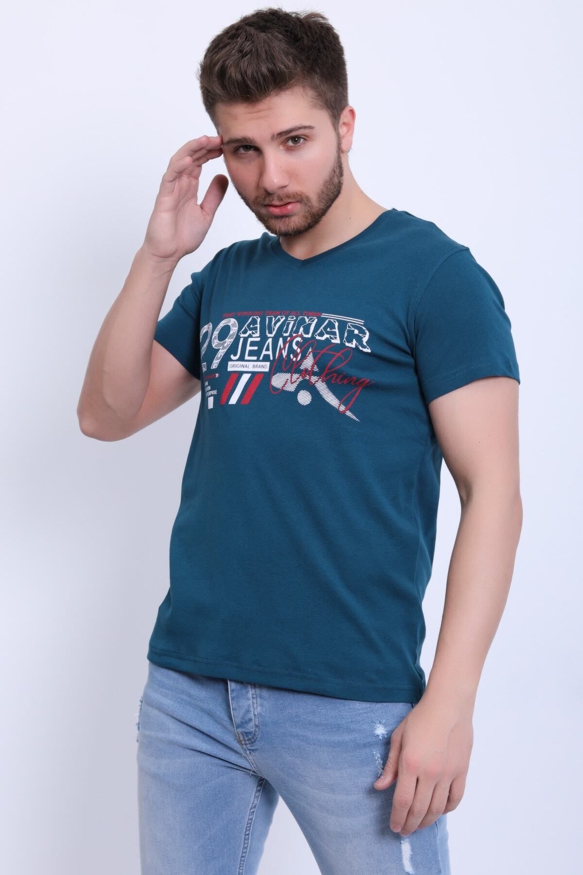 Avinar Unisex V Yaka Baskılı T-shirt