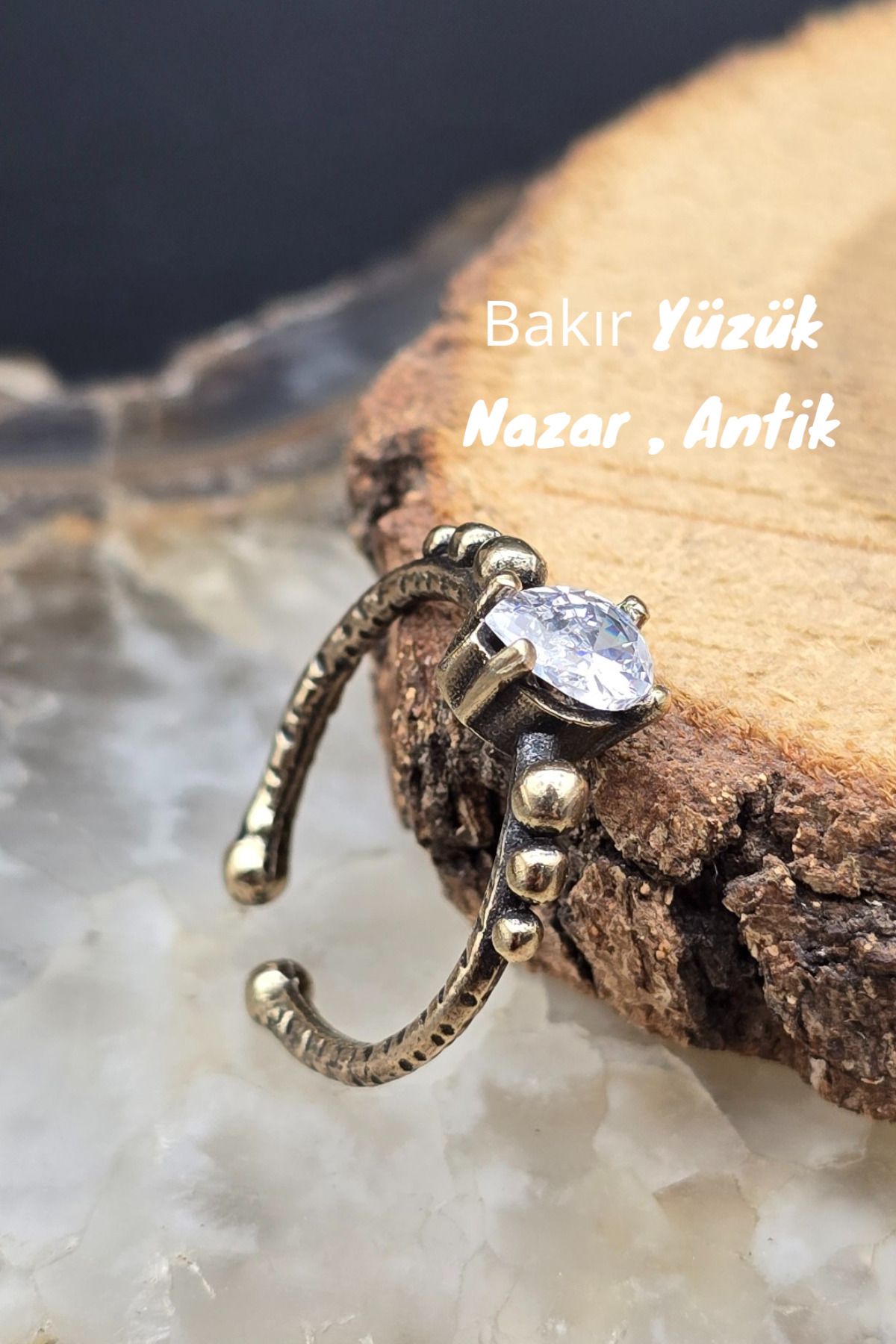 NBS Beautiful Naturel Stones Bakır Yüzük Beyaz Kristal Ayarlanabilir Zarif Küçük Antik Trend ( Hediyelik , Günlük , Özel Gün )