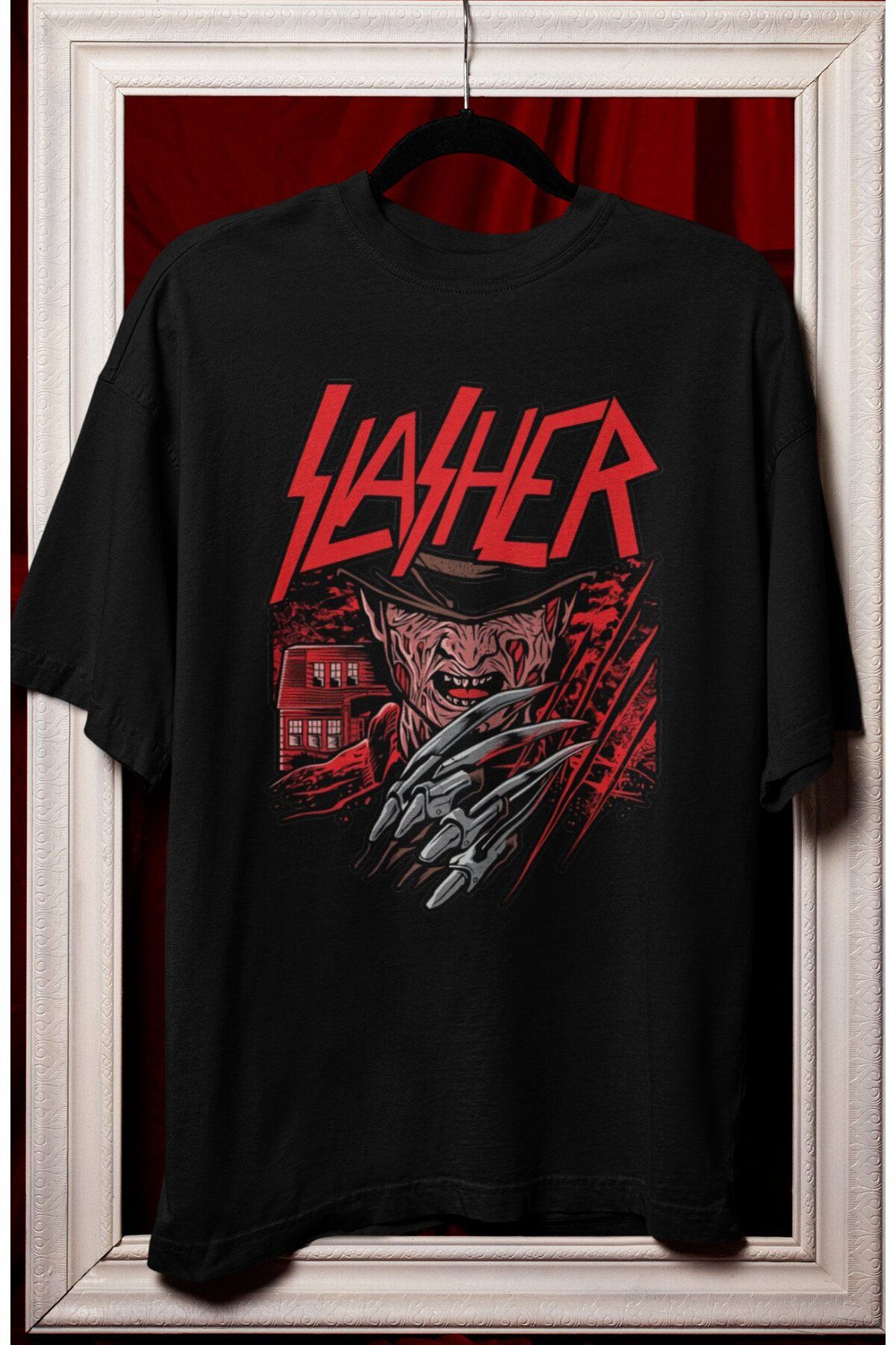 Fuddy Moda Unisex Slasher Yazılı Tişört, Oversize Korku Filmi Hallowen Temalı T-shirt