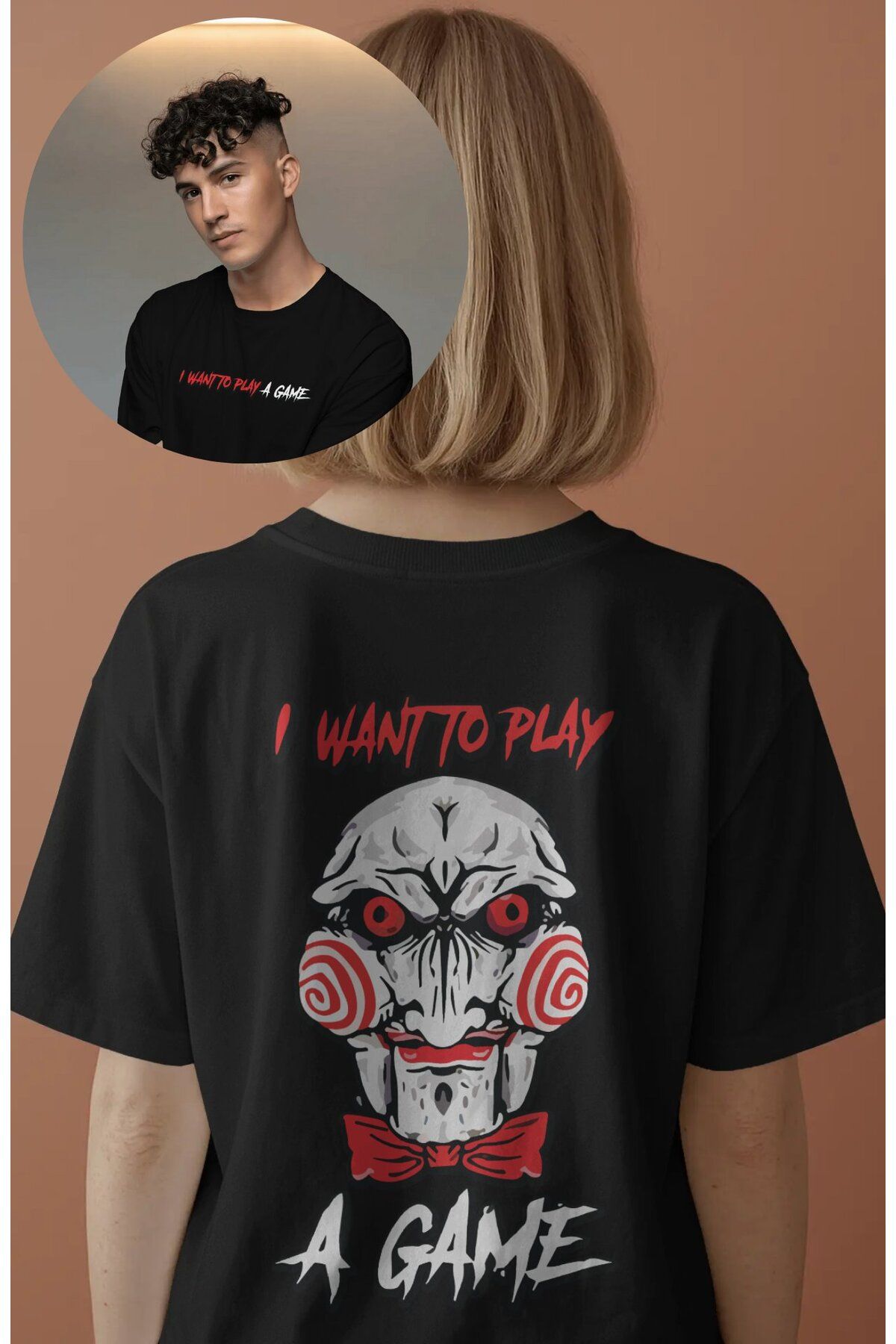 Fuddy Moda Unisex I Want To Play A Game Sırt Yazılı Tişört, Oversize Korku Filmi Testere Baskılı T-shirt