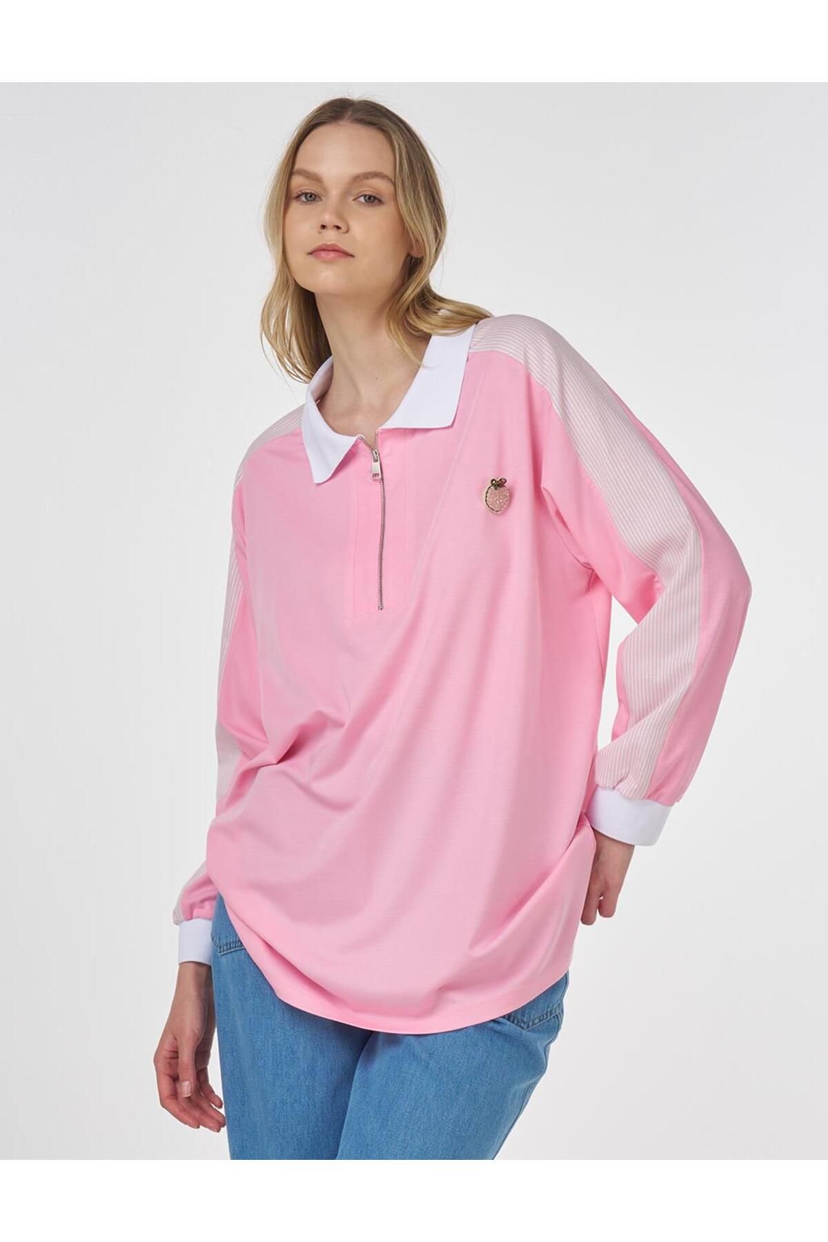 KYR Broşlu Kumaş Garnili Sweatshirt Şeker Pembe