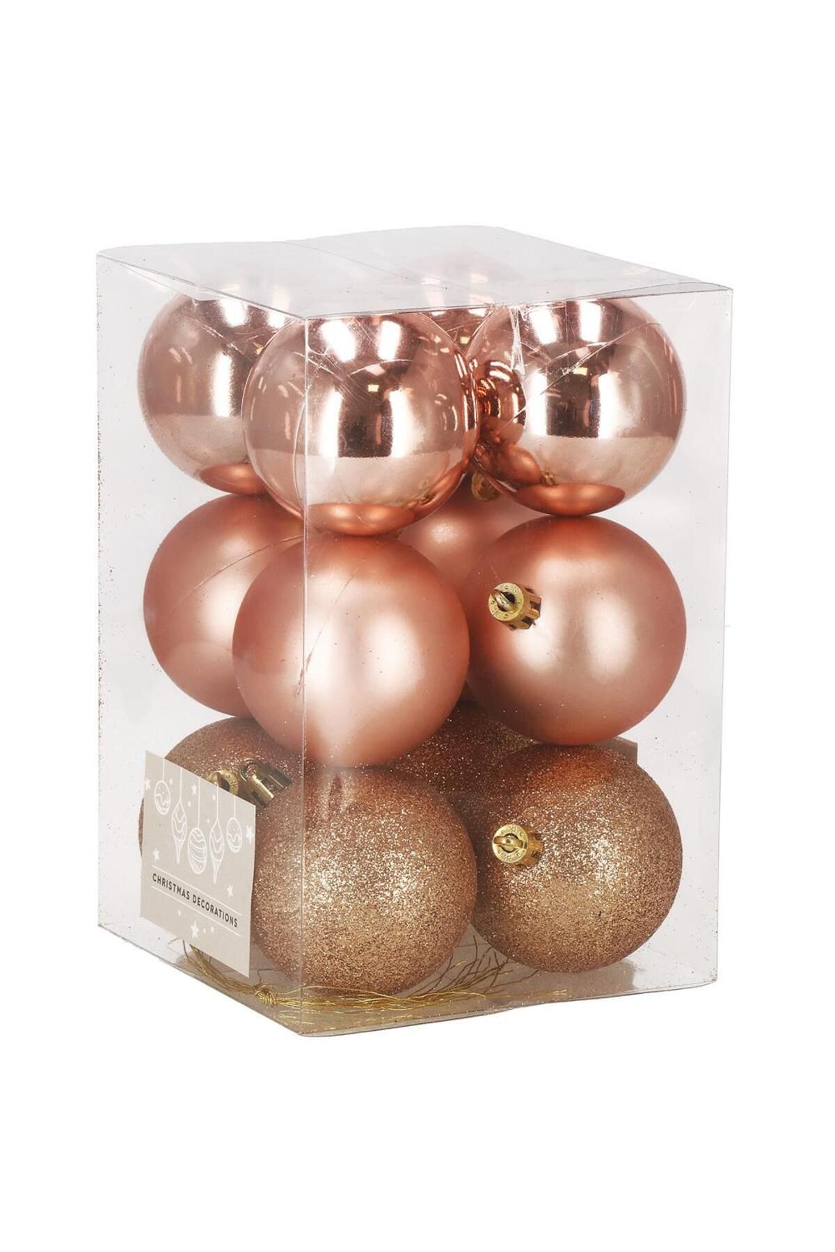 Springos-Set of 12 Christmas baubles, 6 cm, with string, matte, glitter, shiny, rose gold 4